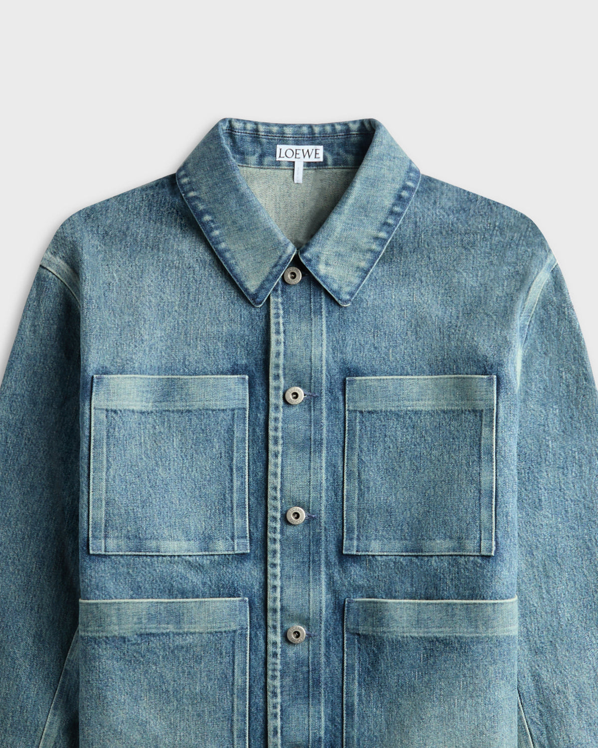Loewe men's washed blue denim chore jacket with four patch pockets and metal buttons, front flat view