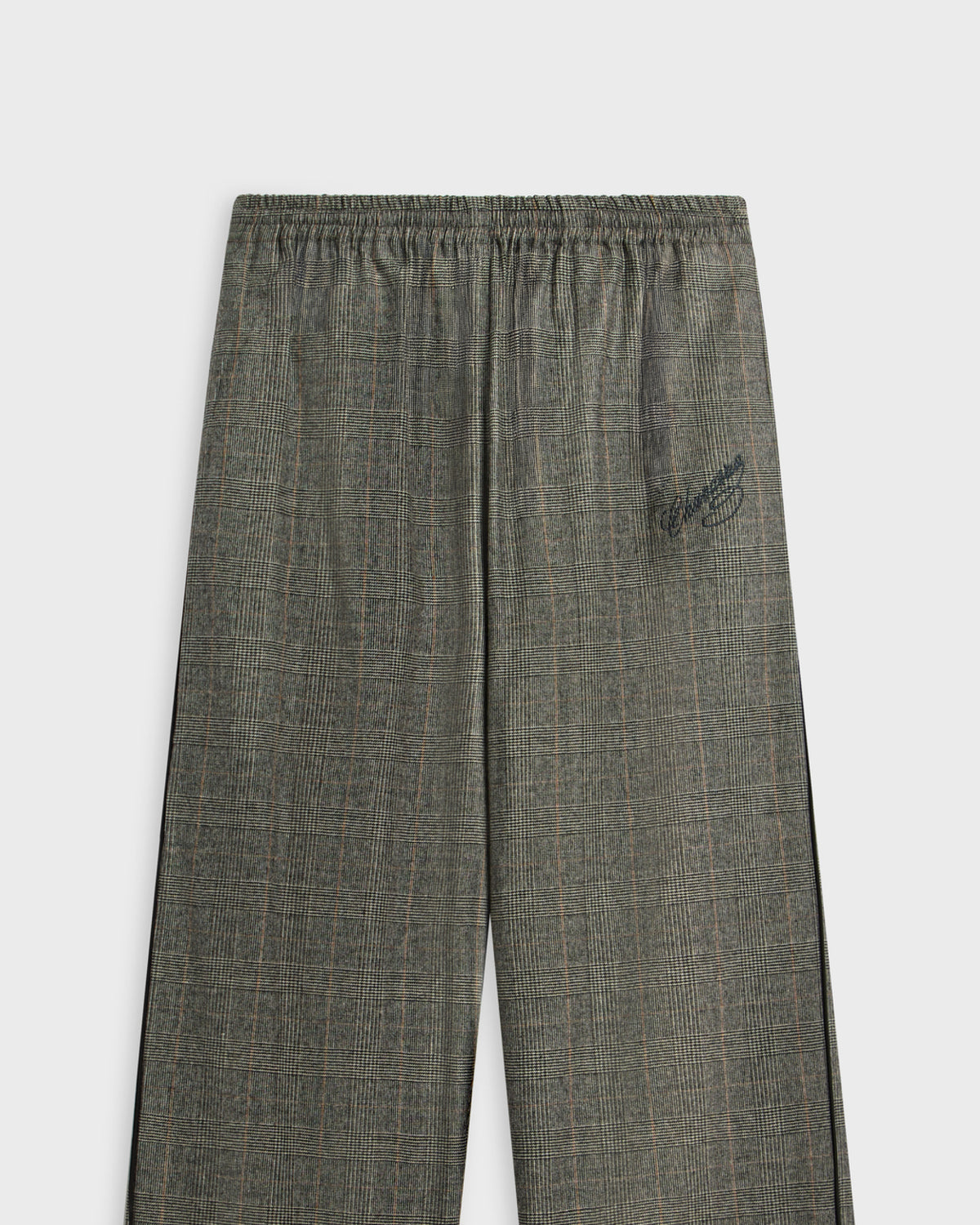 Willy Chavarria men's grey glen-plaid elastic-waist trousers with black side stripe and script embroidery, front view