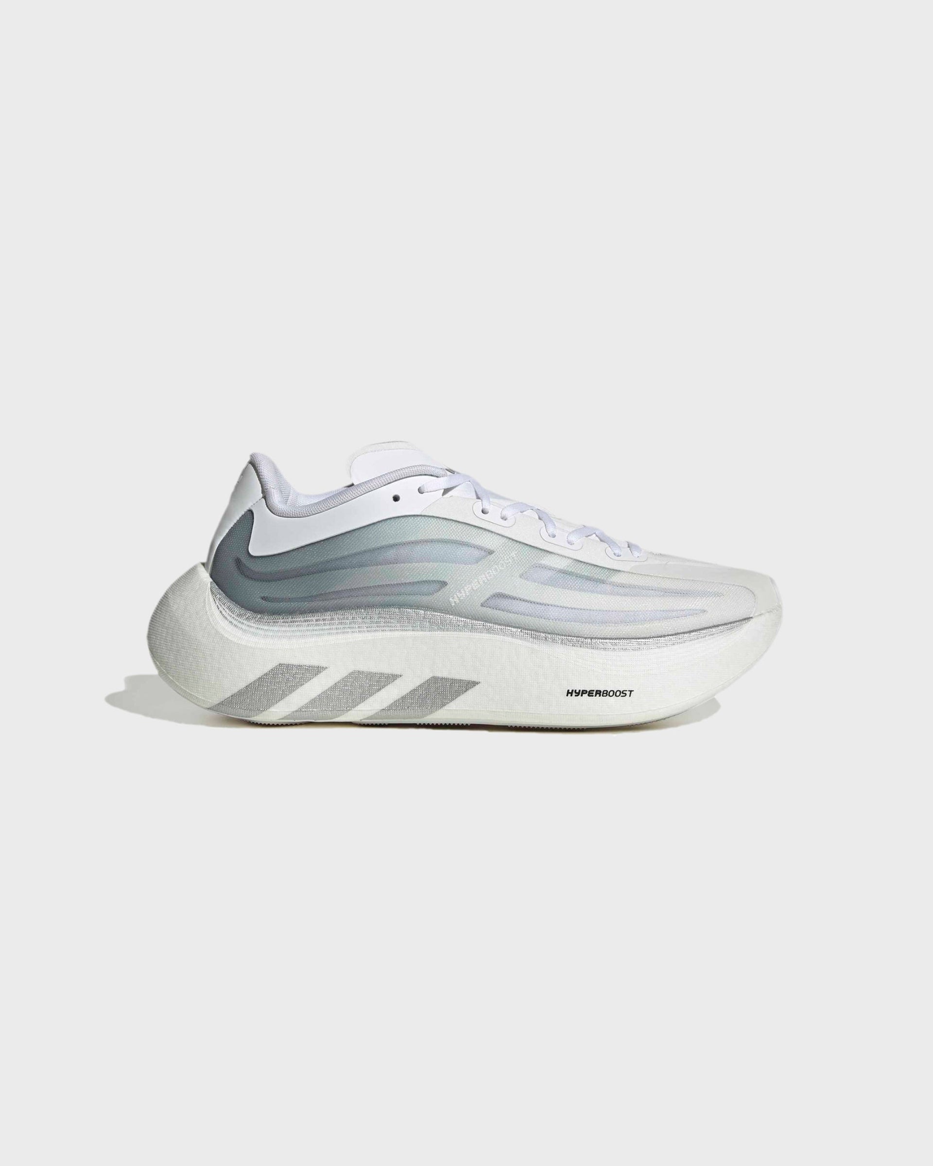 White and grey adidas HyperBoost running sneaker with translucent mesh upper, side profile view