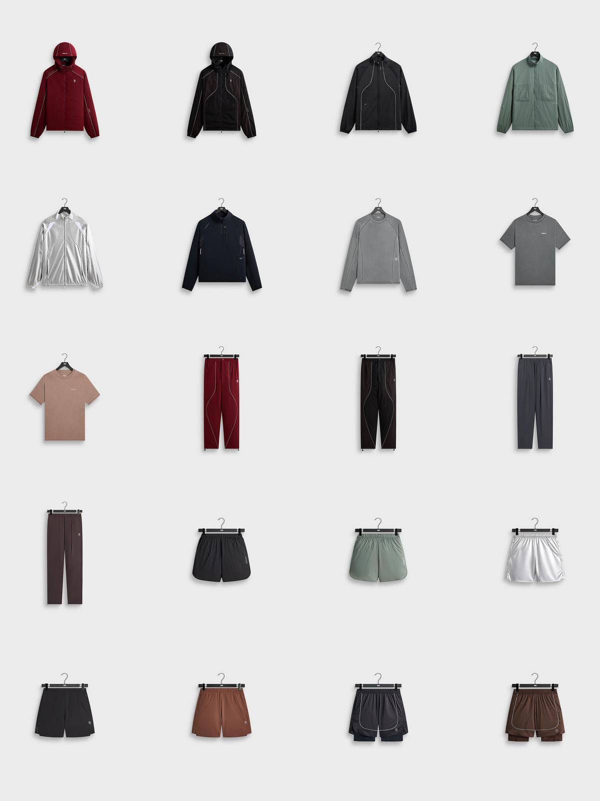 Flat-lay grid of the Kith Technology Fall 2026 collection — jackets, a silver set, fleeces, tees, track pants and shorts on grey