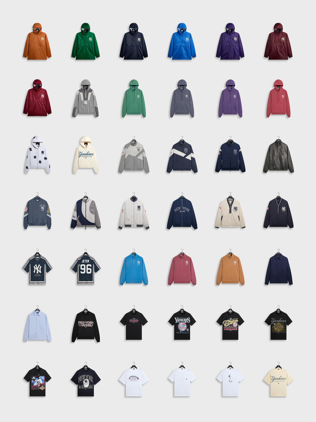Flatlay grid of the Kith for New York Yankees collection featuring jackets, hoodies, jerseys, and tees
