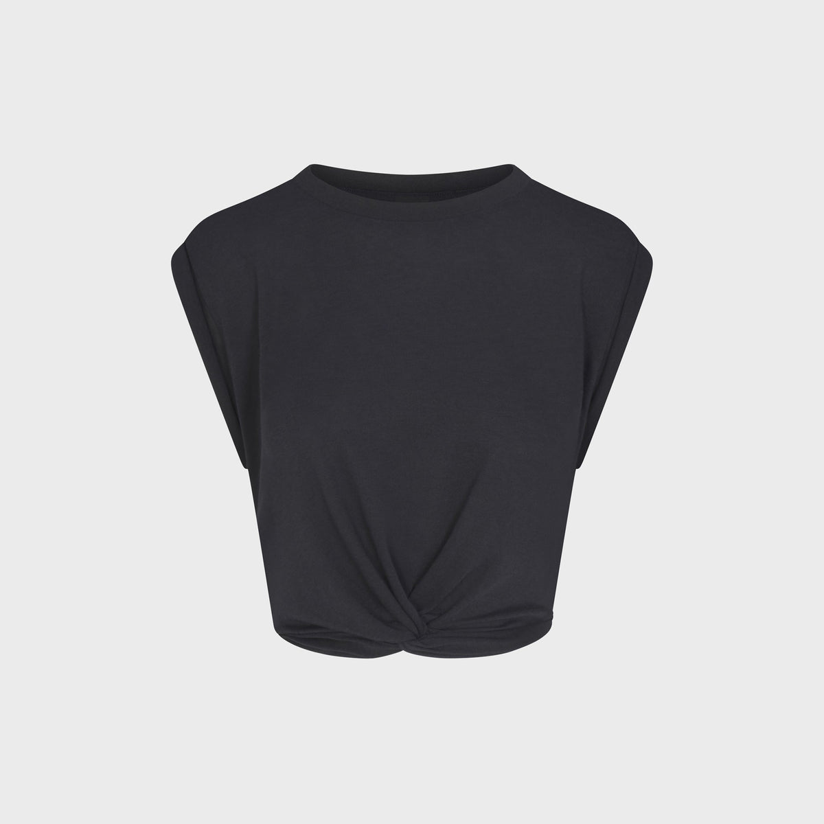 NikeSKIMS Performance Cotton Blend Crop Twist Tank in Obsidian black, sleeveless crop tee with twisted front hem, flat lay