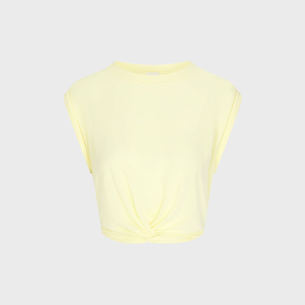 NikeSKIMS Performance Cotton Blend Crop Twist Tank in Bicycle Yellow, pale yellow sleeveless tee with front knot hem, flat lay