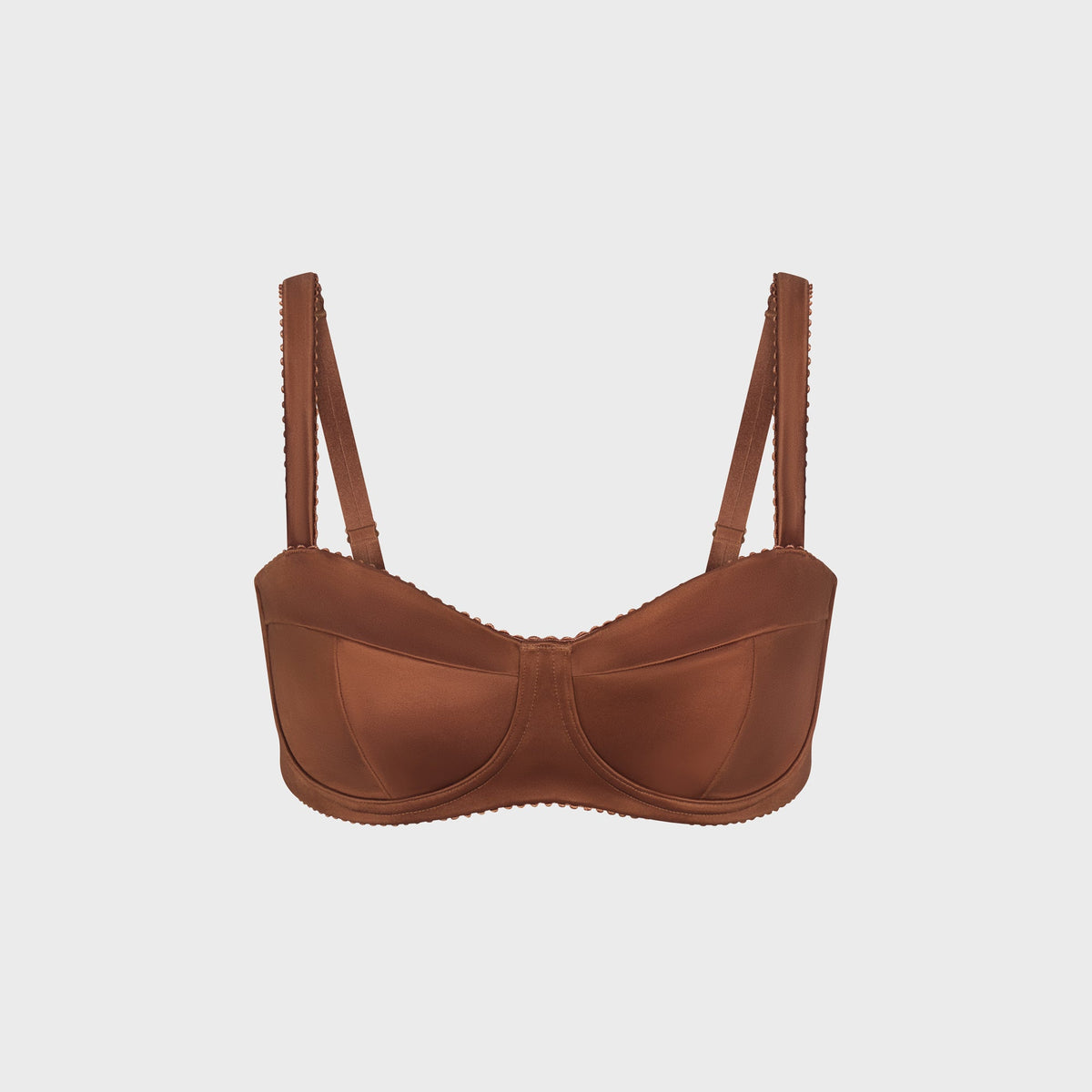 NikeSKIMS Satin Shine Paneled Picot Bra in Carob Brown, balconette underwire bra with satin sheen and scalloped picot edge