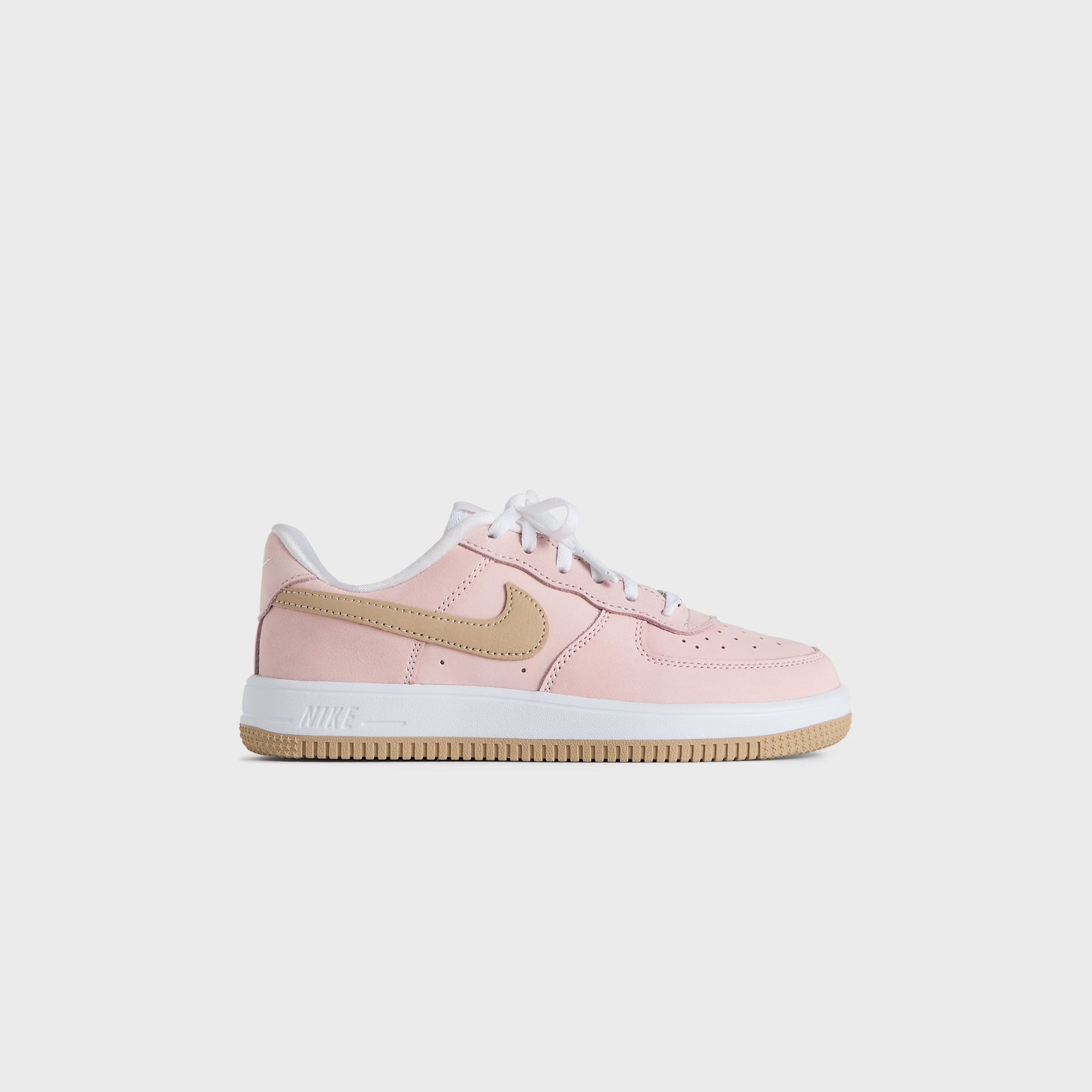 Kith Kids x Nike PS Air Force 1 Un-Linen, Atmosphere-pink leather with wheat suede Nike Swoosh and gum sole, outer side profile