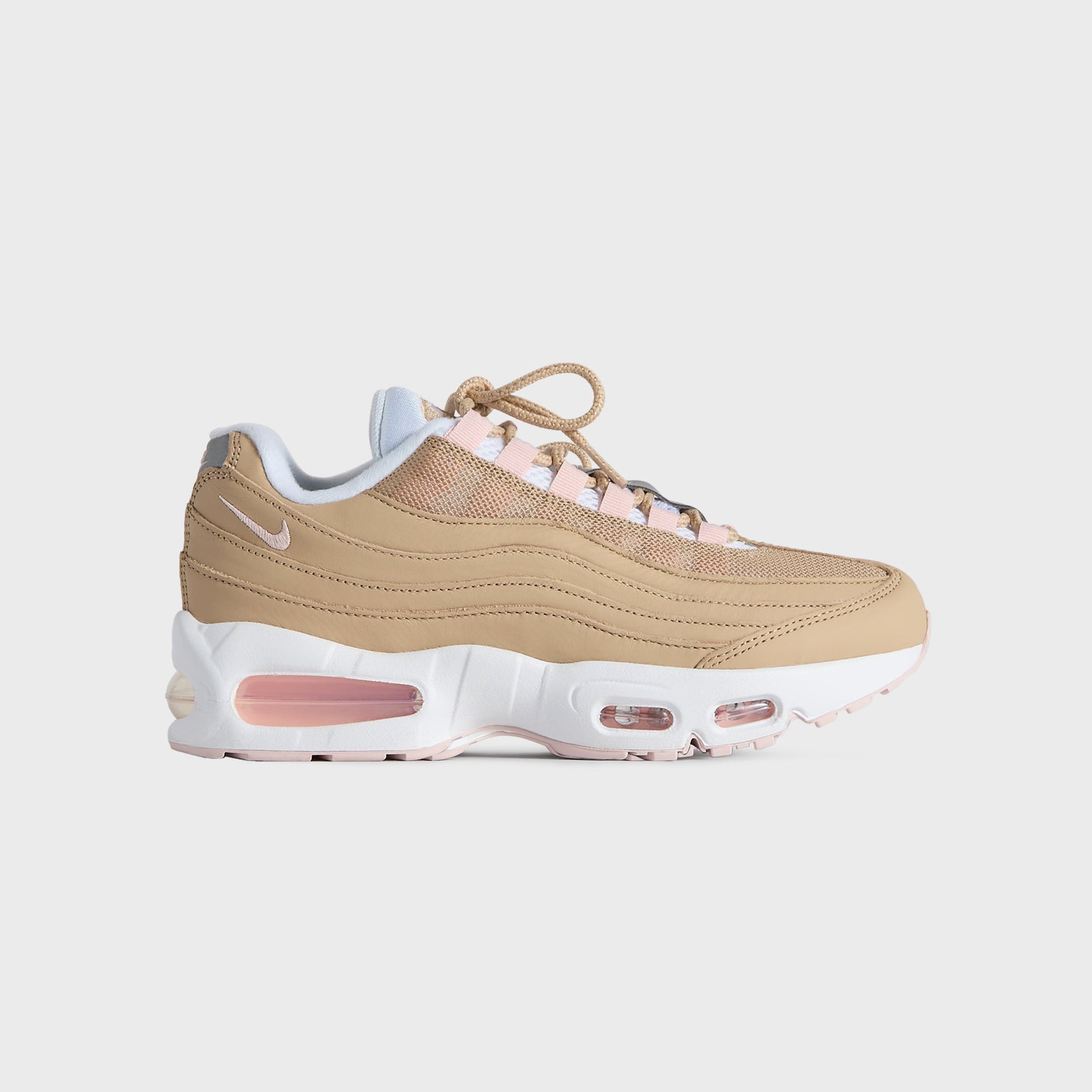 Kith Kids x Nike GS Air Max 95 Linen, wheat linen suede and mesh with pink Air units, outer side profile (additional studio view)
