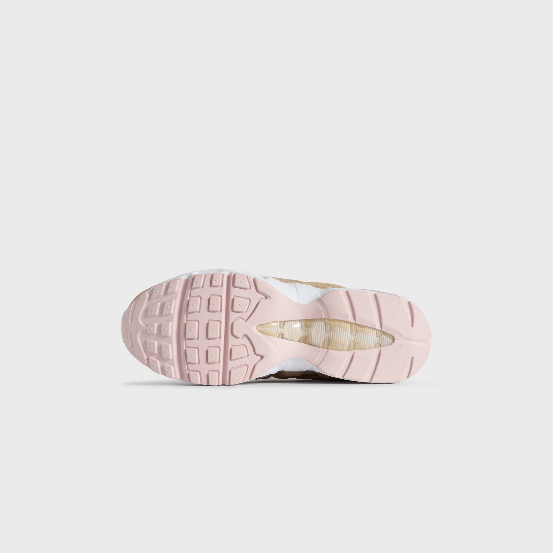 Kith Kids x Nike GS Air Max 95 Linen pair from above, tan laces over pink-and-white tongues (additional studio view)