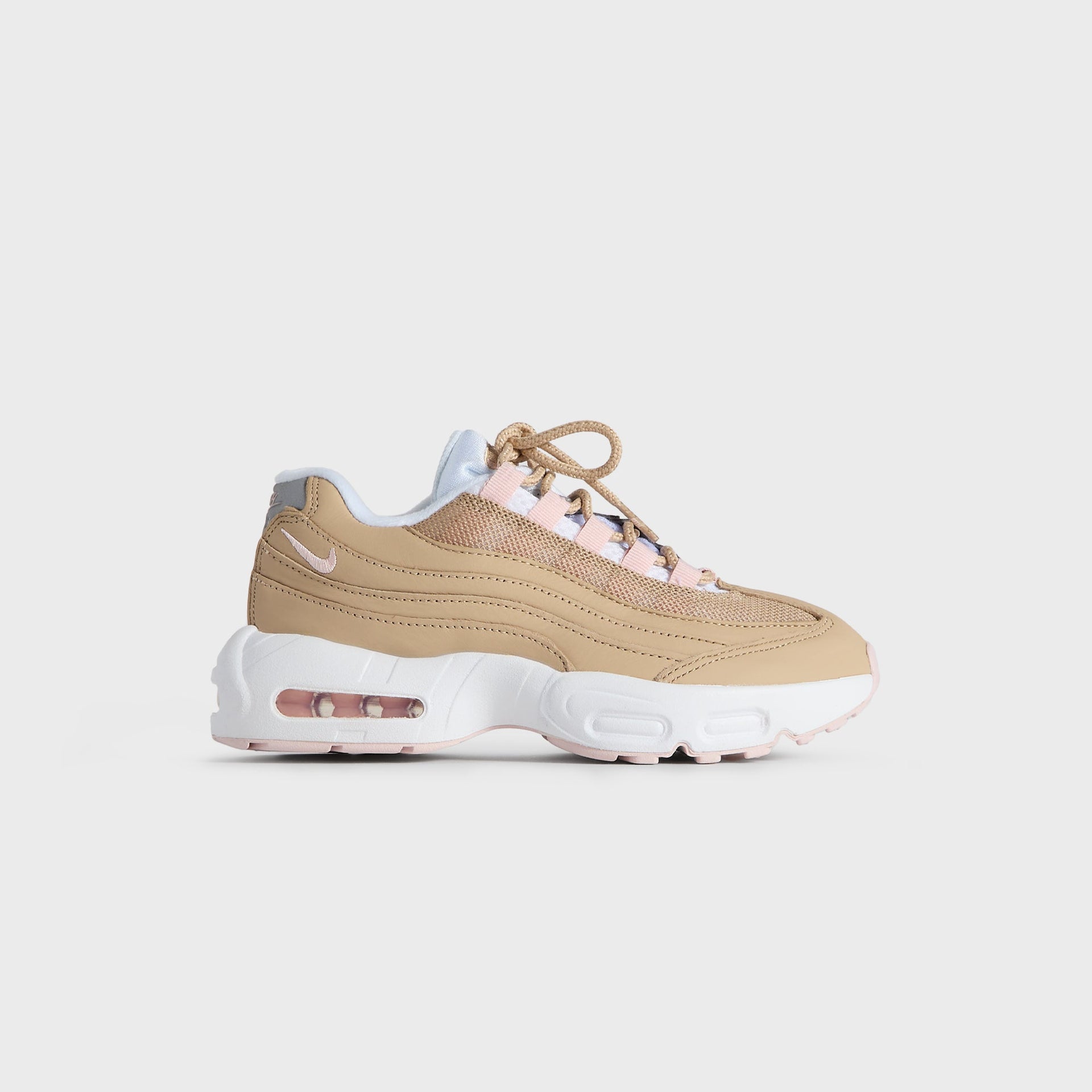 Kith Kids x Nike PS Air Max 95 Linen, wheat linen suede and mesh with pink Air units, outer side profile (additional studio view)