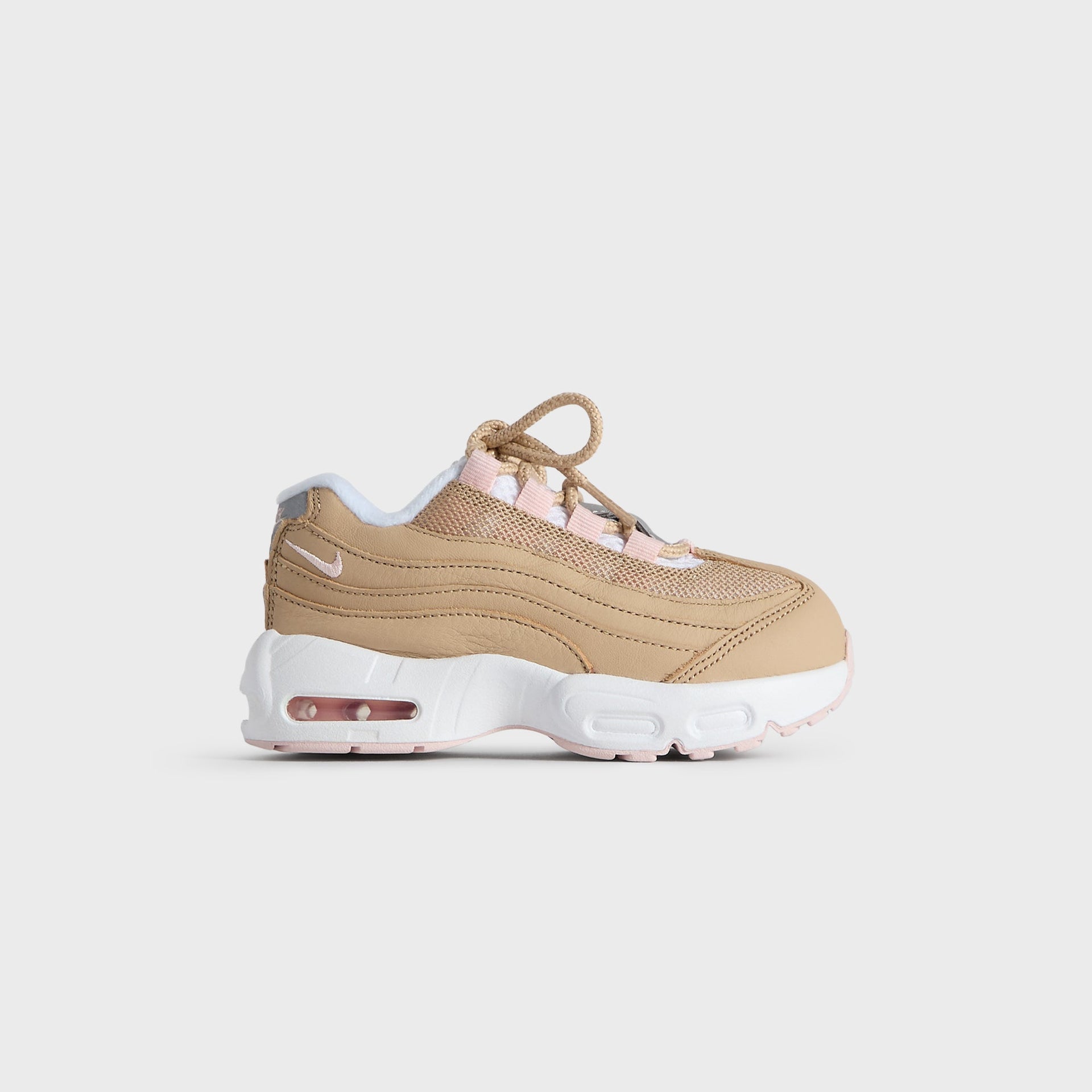 Kith Kids x Nike TD Air Max 95 Linen, wheat linen suede and mesh with pink Air units, outer side profile