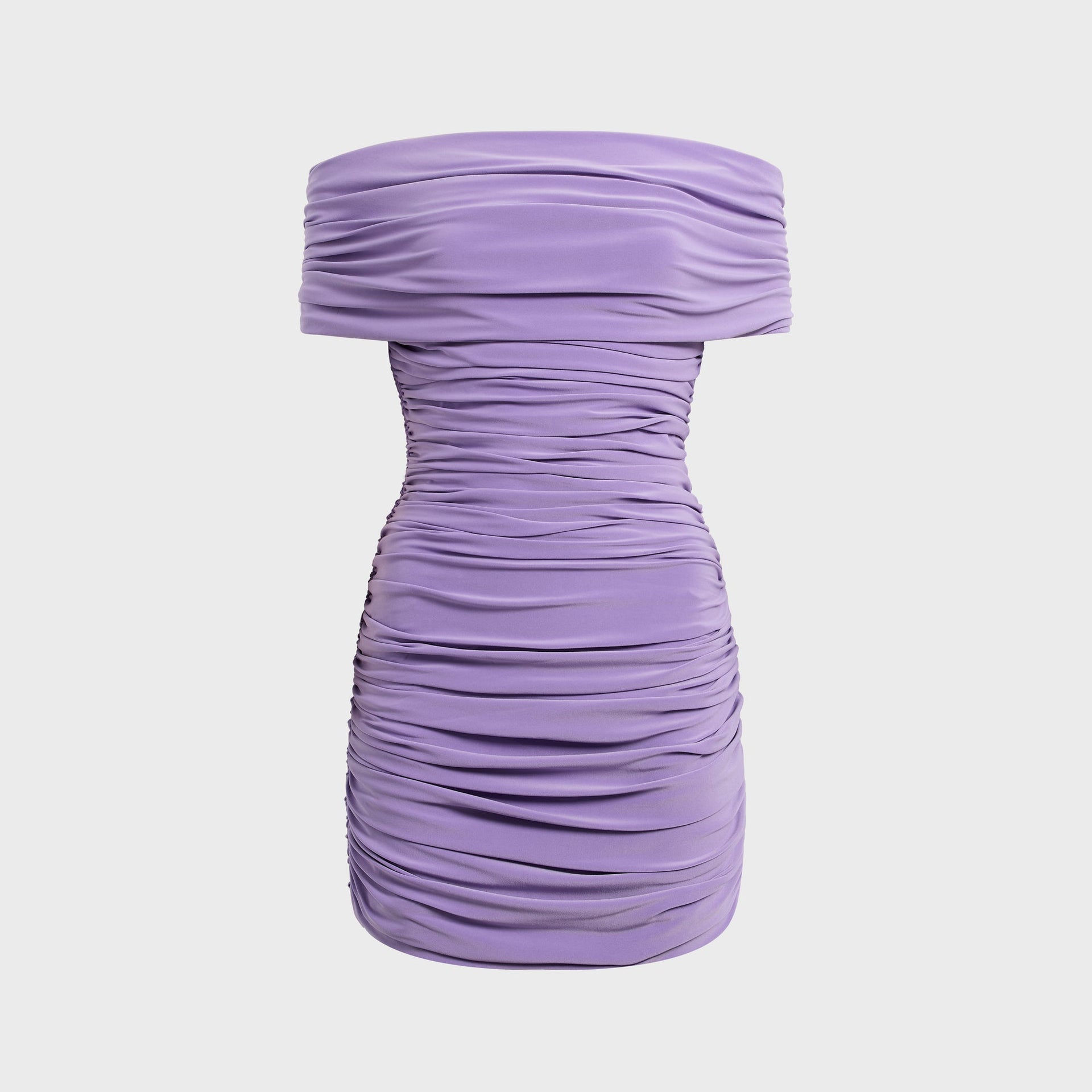Norma Kamali lavender shirred off-shoulder mini dress, front view with foldover cowl neckline and ruched bodycon fit