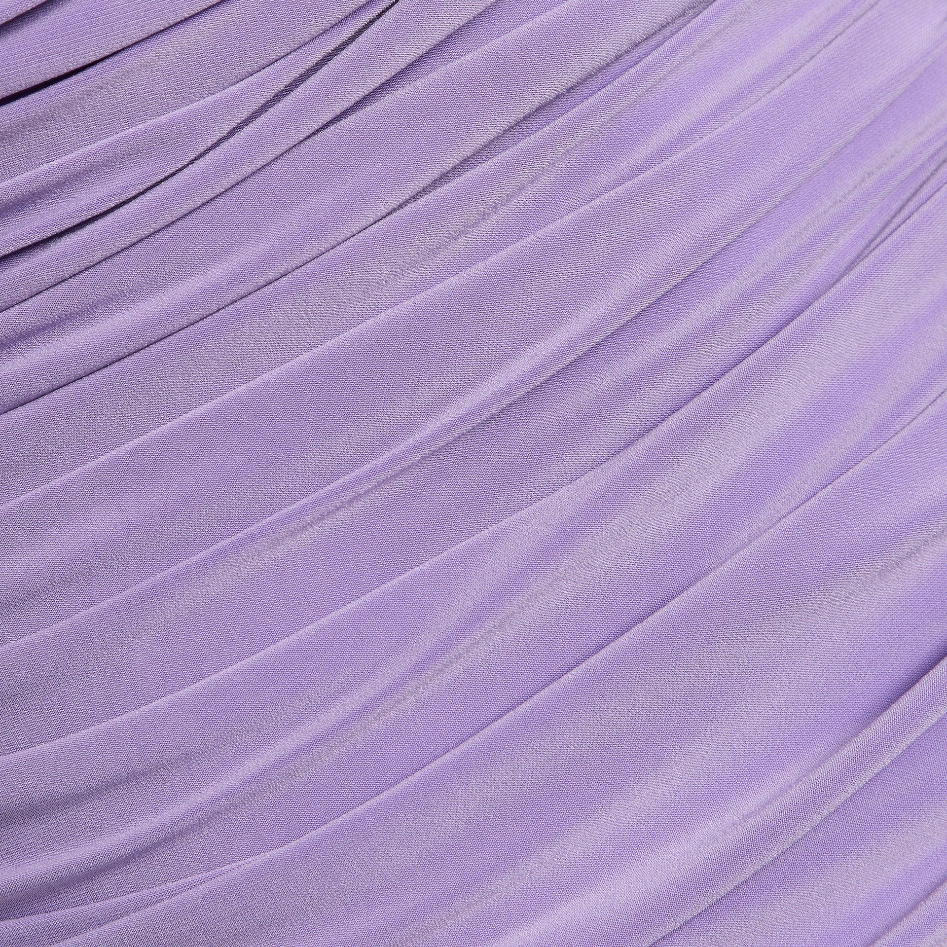 Norma Kamali lavender dress, close-up detail of shirred stretch jersey fabric folds