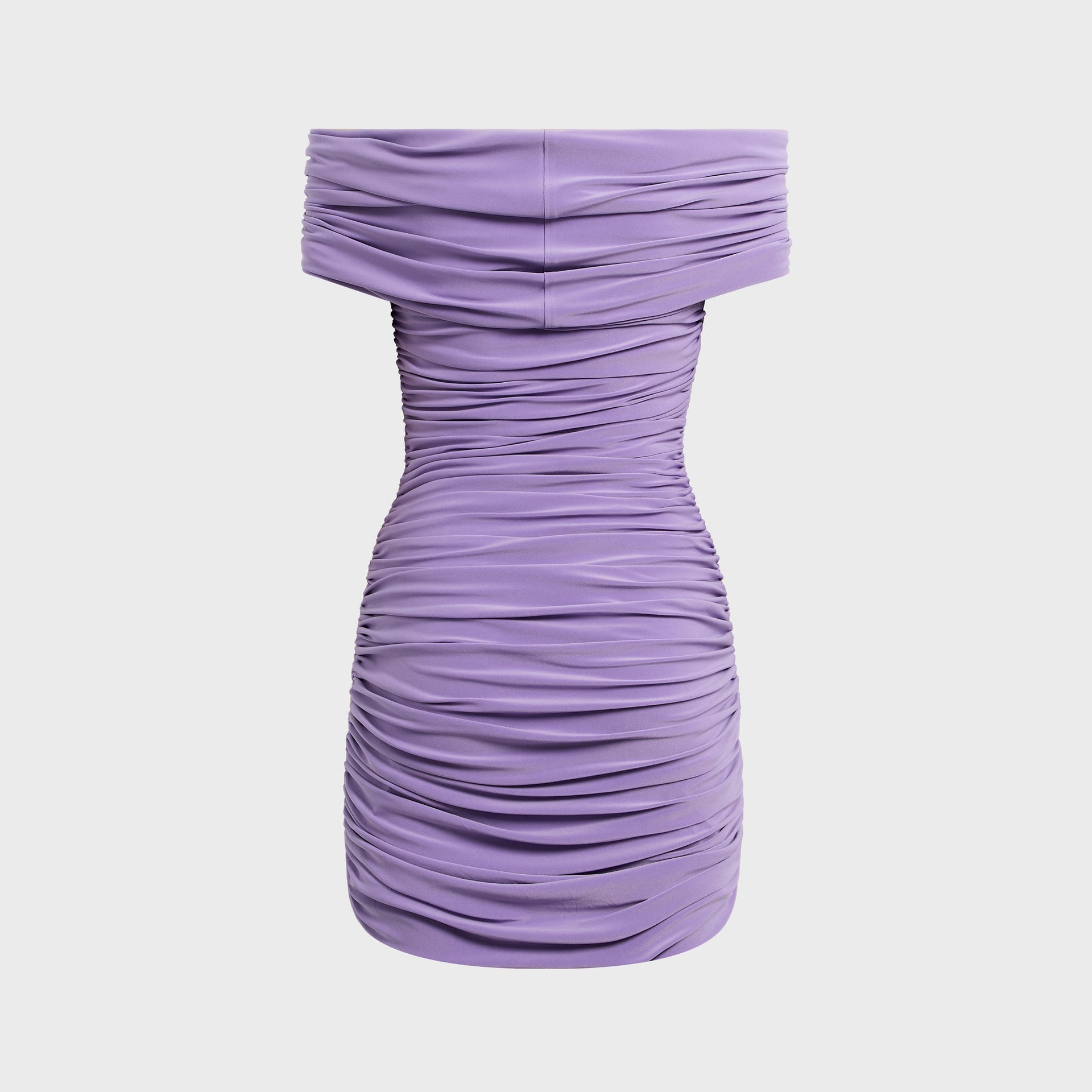 Norma Kamali lavender shirred mini dress, back view showing off-shoulder foldover band and ruched fabric