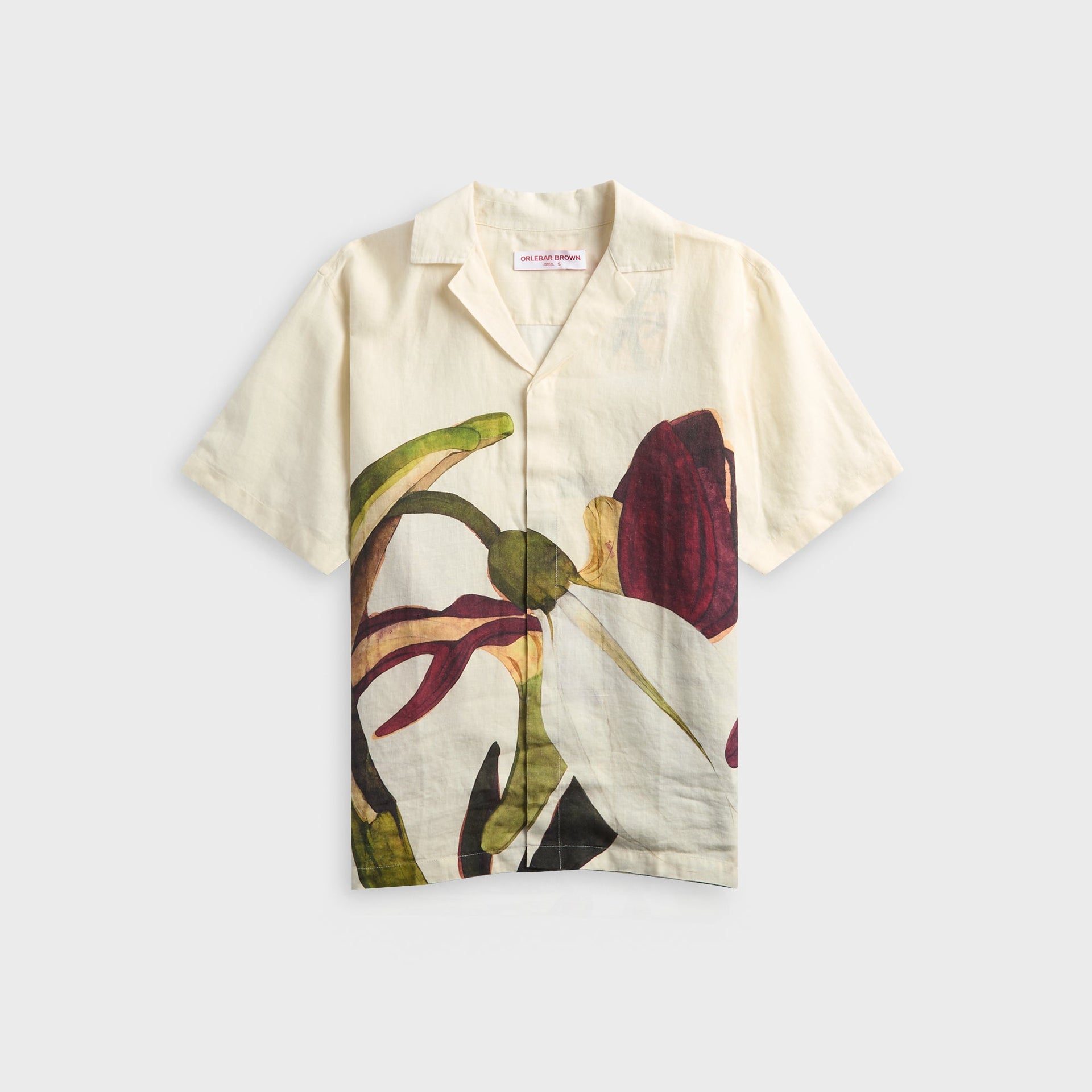 Orlebar Brown Maitan Linen Orchid-Print Camp Shirt - White Sand / Damson
