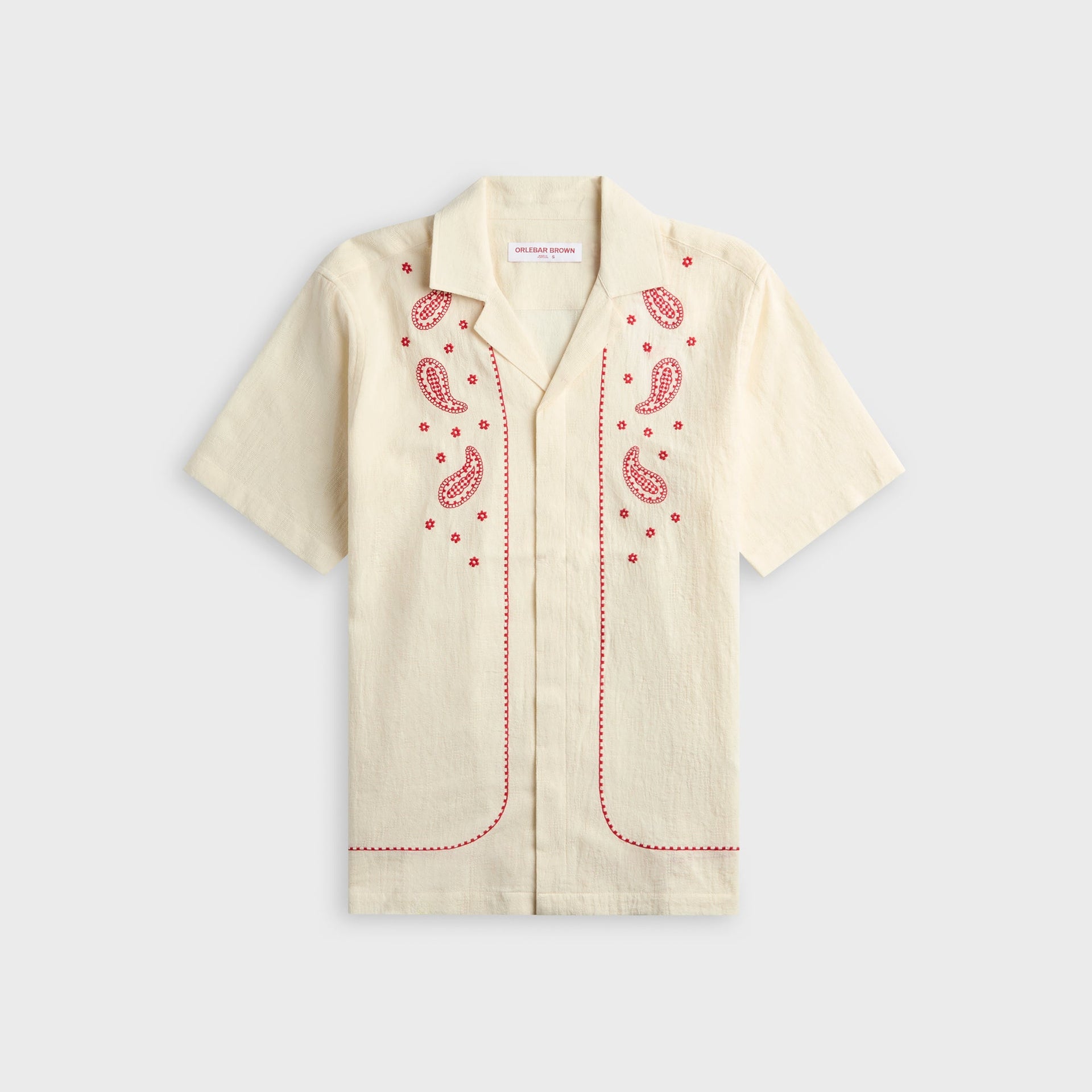 Orlebar Brown Relaxed Fit Paisley Embroidery Shirt - White Sand / Vermillion