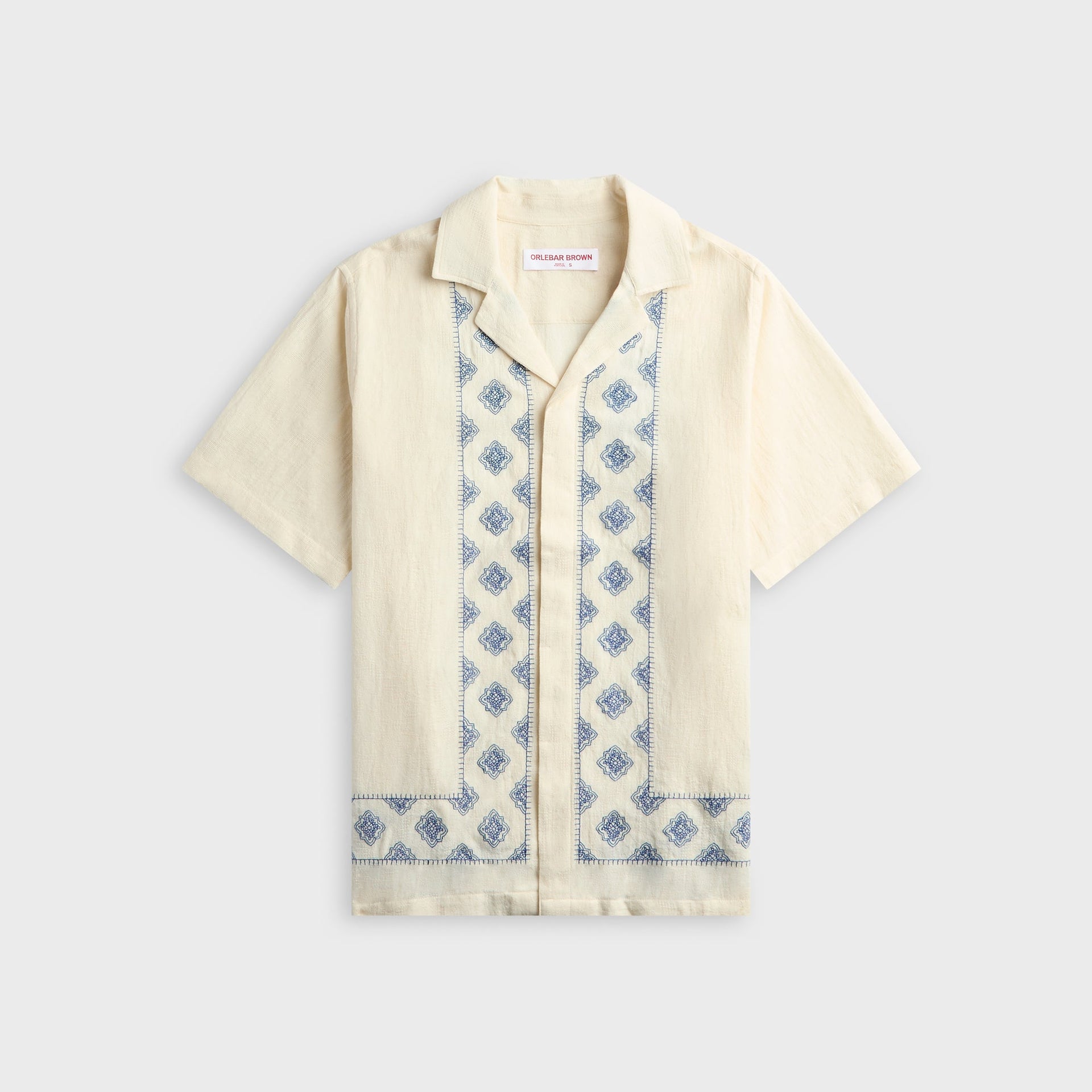 Orlebar Brown Maitan Relaxed Fit Carnival Embroidery Shirt - White Sand / Nightfall Blue