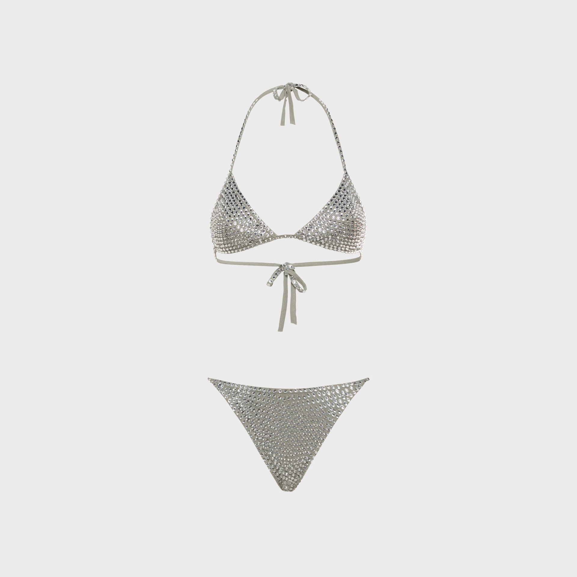 Oseree Crystal two-piece bikini set, flat-lay, crystal rhinestone-covered triangle halter top and tie-side bottoms