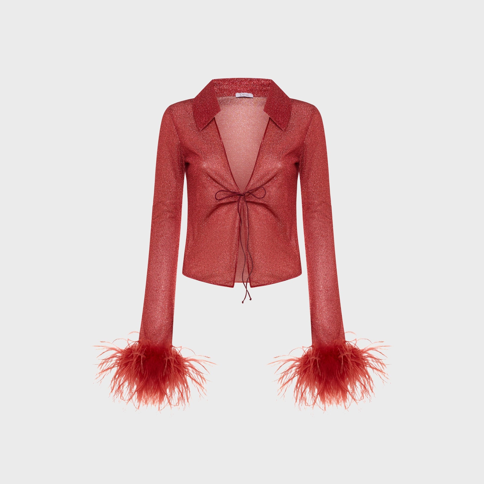 Oseree Lumiere Plumage coral metallic lurex sheer shirt, tie front, with collar and feather-trimmed cuffs