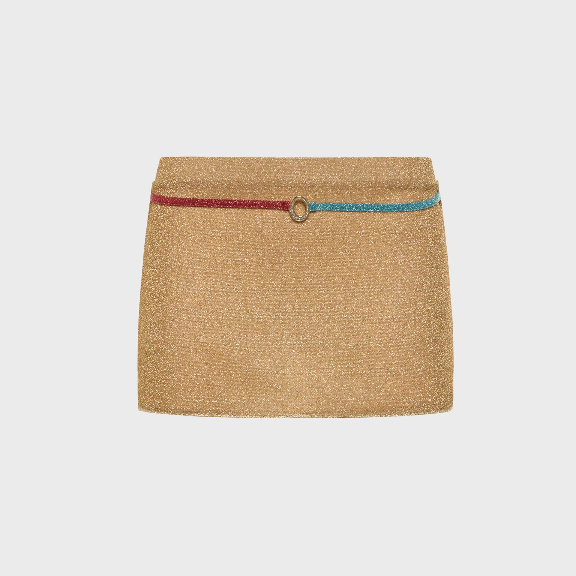 Oseree Lumiere gold lurex mini skirt, flat-lay, with coral and turquoise trim waistband and metal O-ring