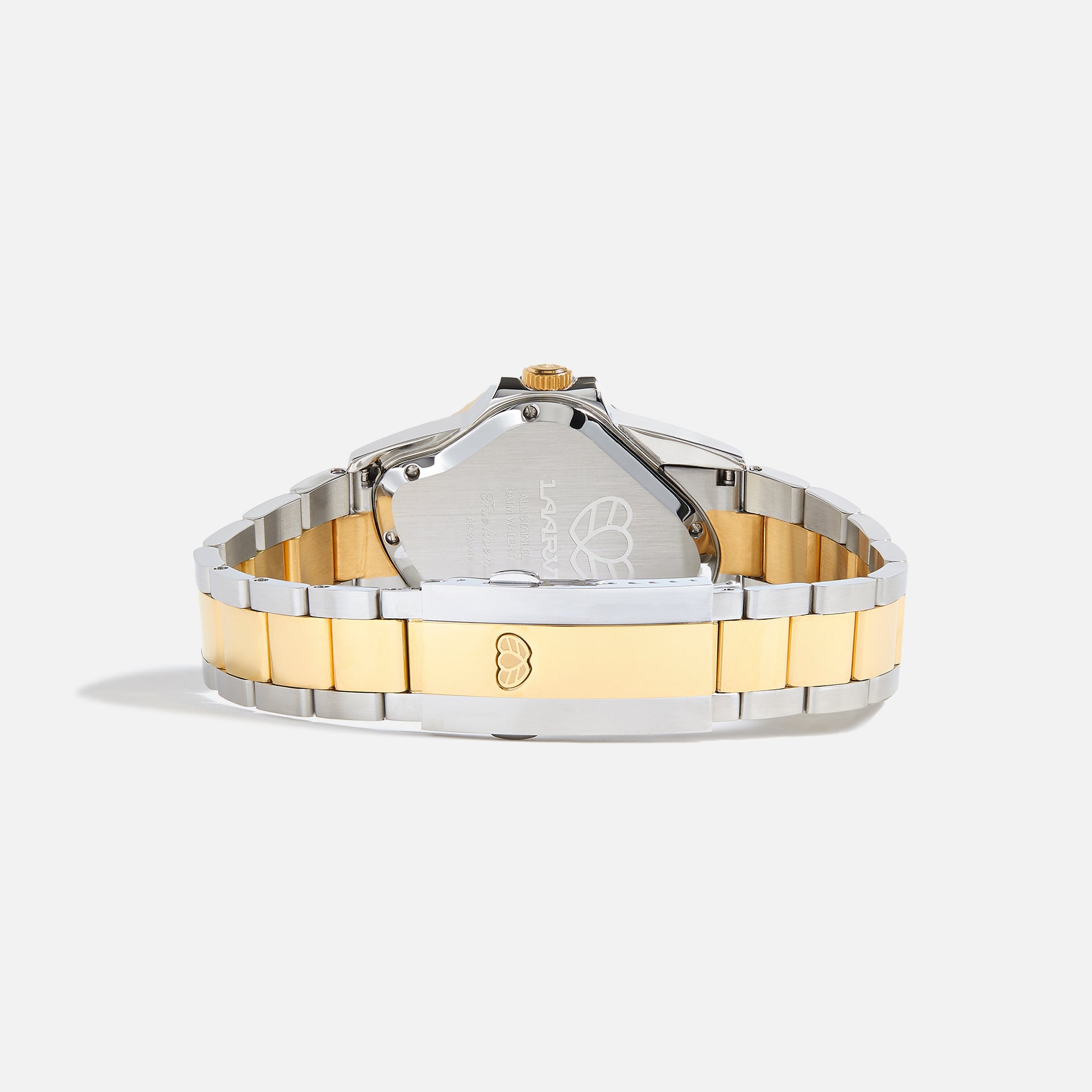 LAARVEE Precision Steel watch, back, steel caseback and two-tone steel-gold bracelet clasp with heart logo