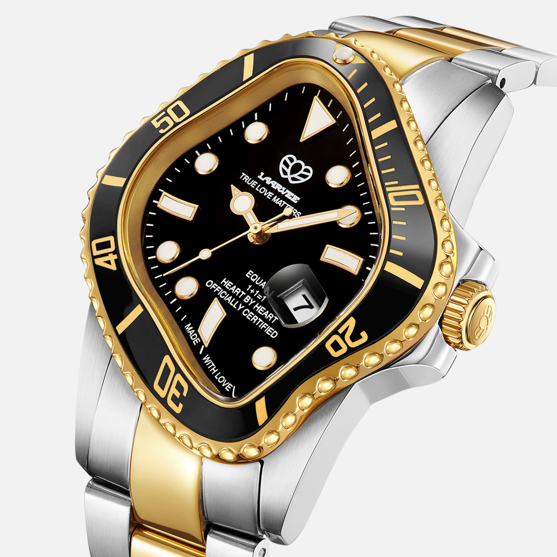 LAARVEE Precision Steel watch, angled close-up, black dial, gold crown, date window, gold-black bezel