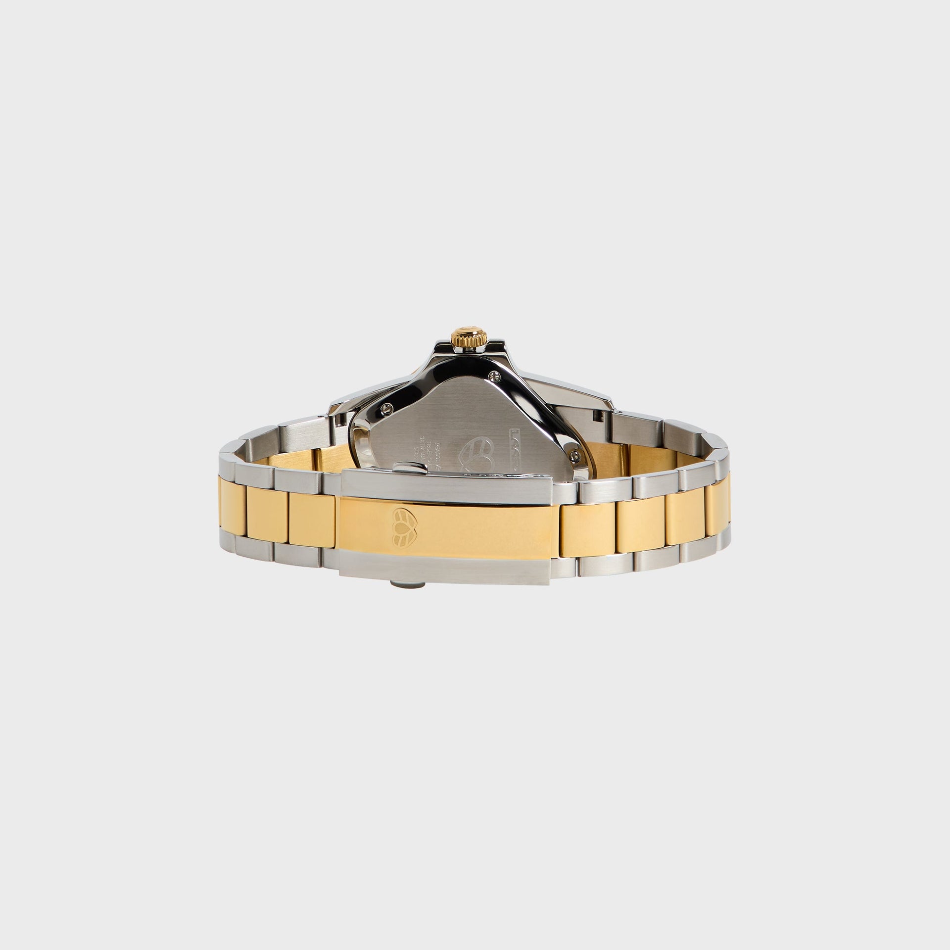 LAARVEE Precision Steel watch, rear three-quarter, steel caseback and two-tone clasp with heart logo