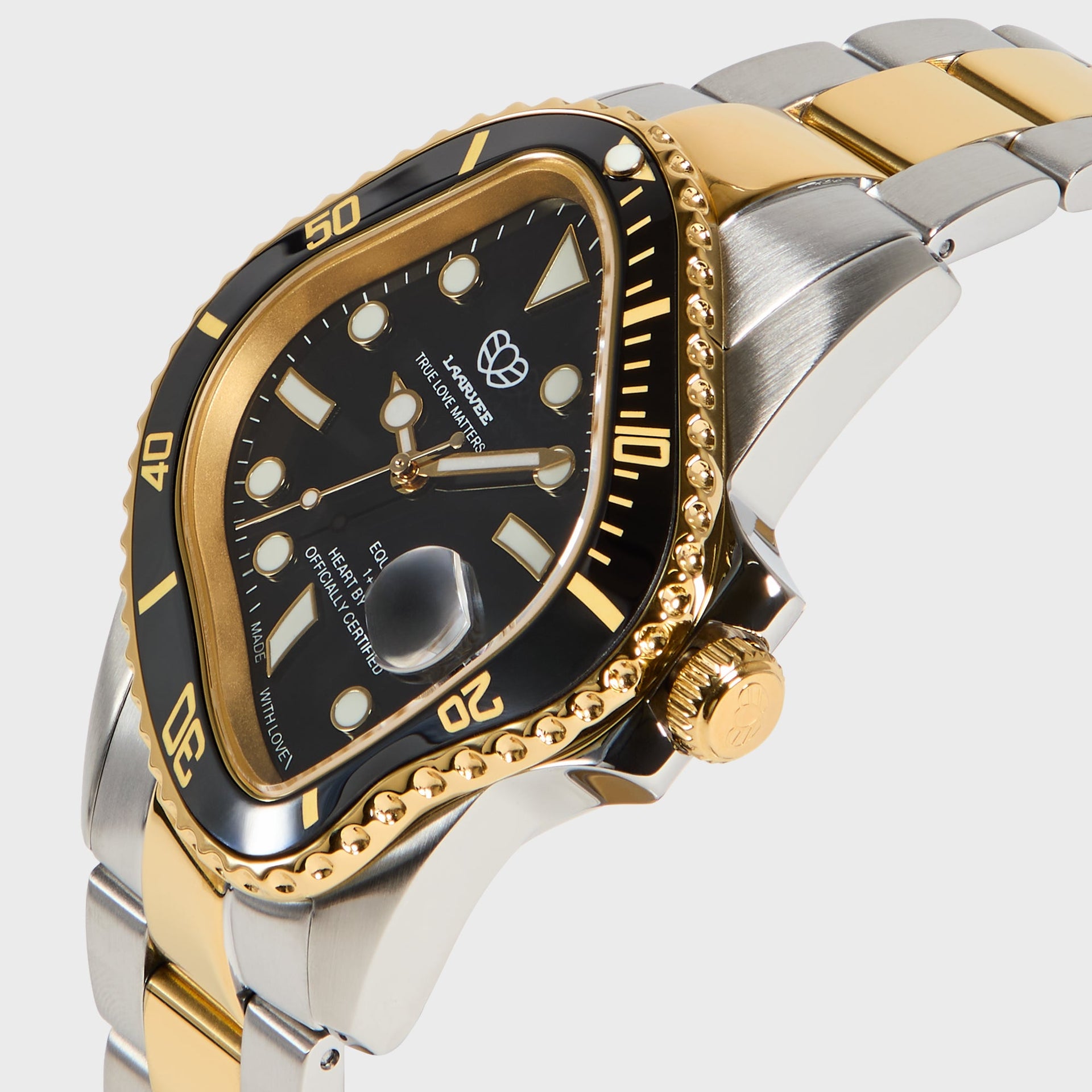 LAARVEE Precision Steel watch, three-quarter close-up, black dial, gold crown, warped two-tone case