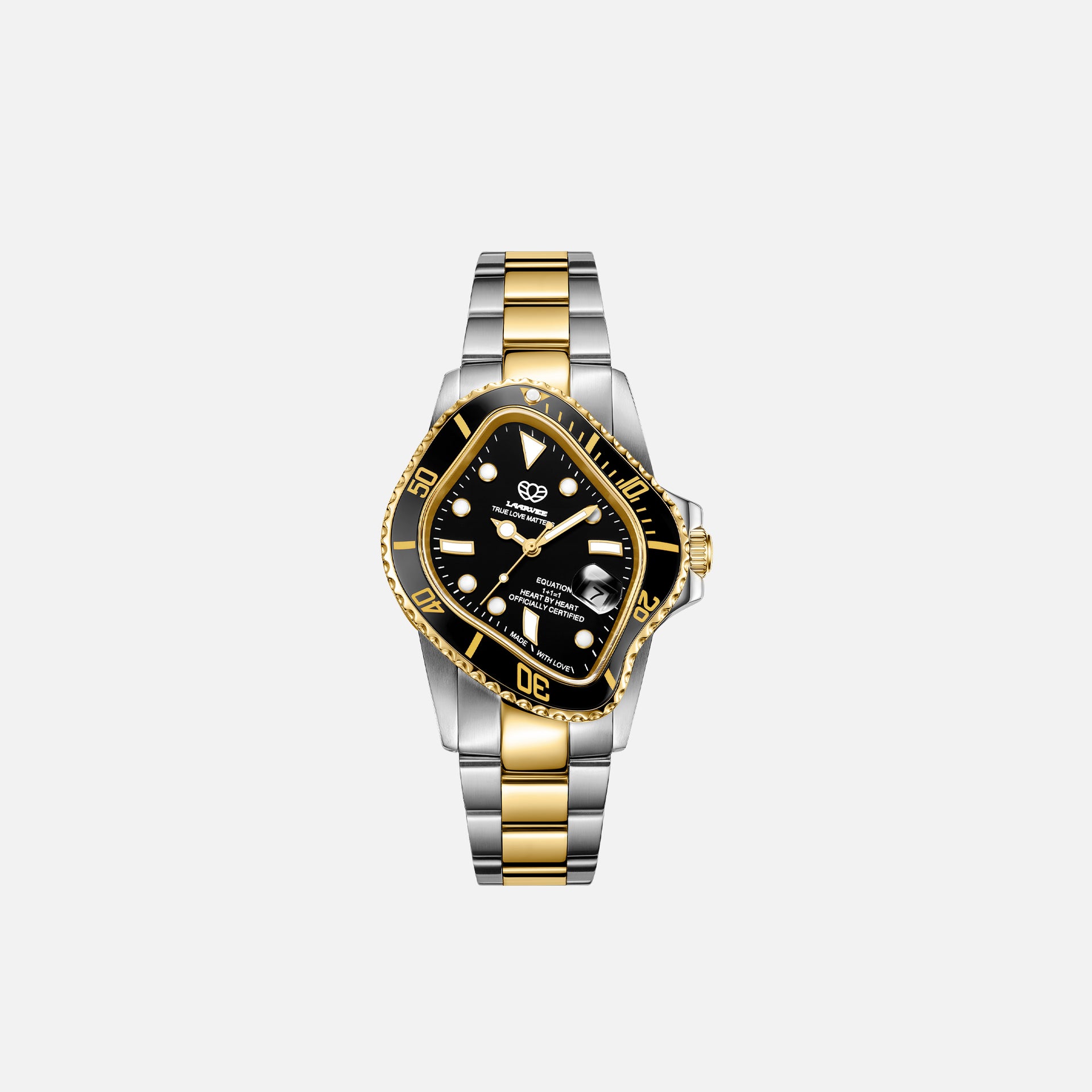 LAARVEE Precision Steel watch, front, warped square case, black dial, gold-black bezel, two-tone steel-gold bracelet