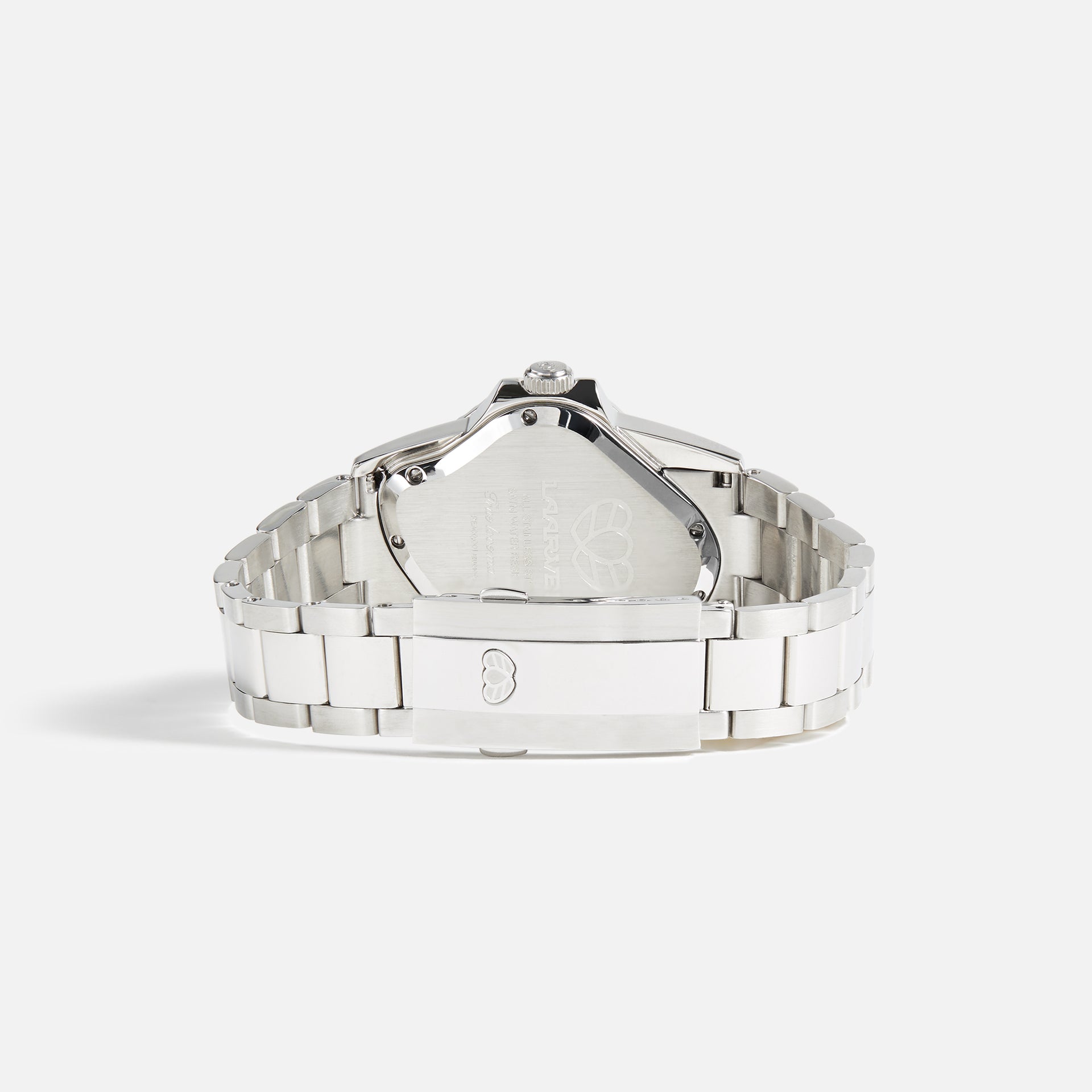 LAARVEE Precision Steel watch, back, steel caseback and steel bracelet clasp with heart logo