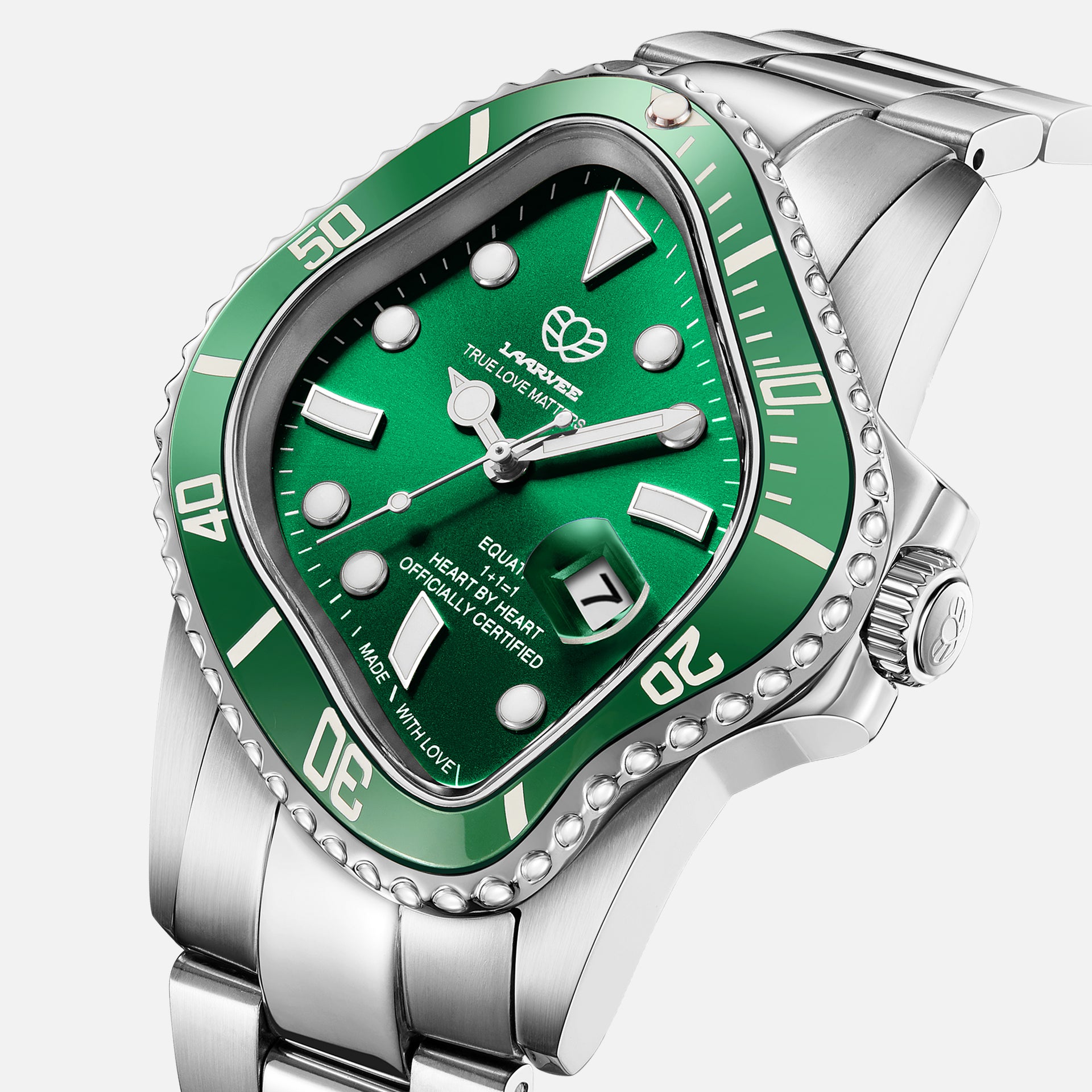 LAARVEE Precision Steel watch, angled close-up, green dial, green bezel, steel crown, date window