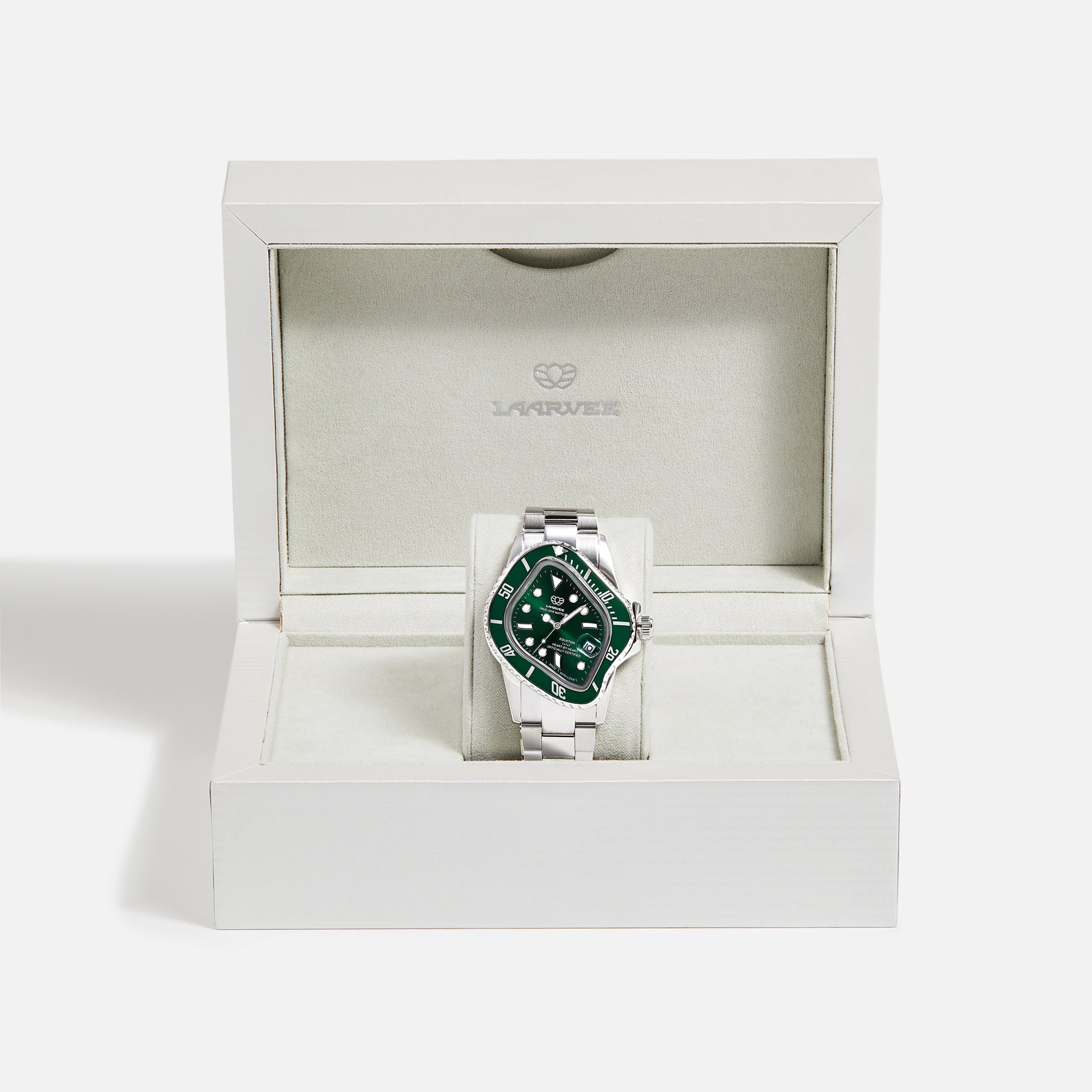 LAARVEE Precision Steel watch resting in white LAARVEE presentation box, green dial and green bezel