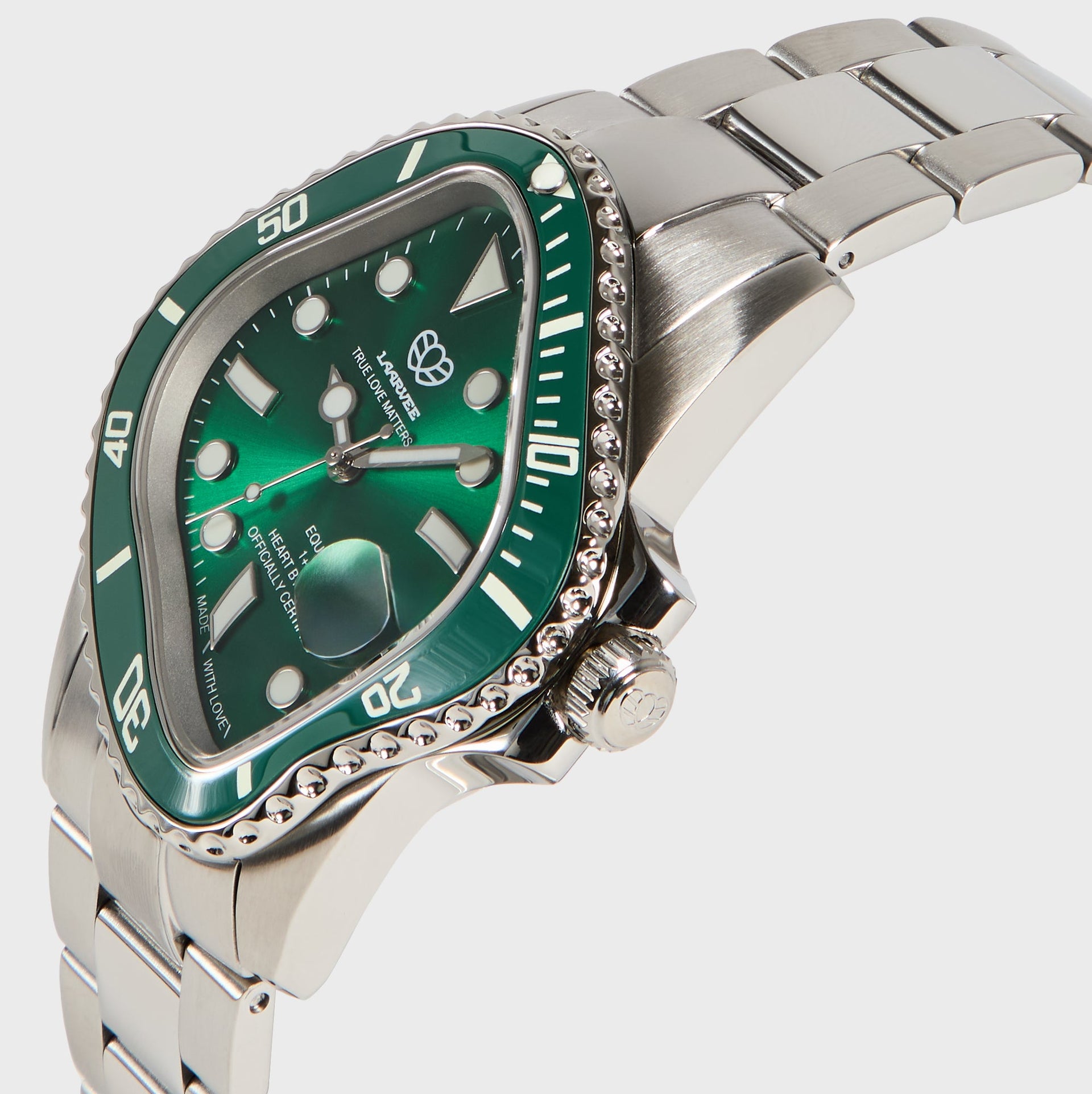 LAARVEE Precision Steel watch, three-quarter close-up, green dial, steel crown, warped case