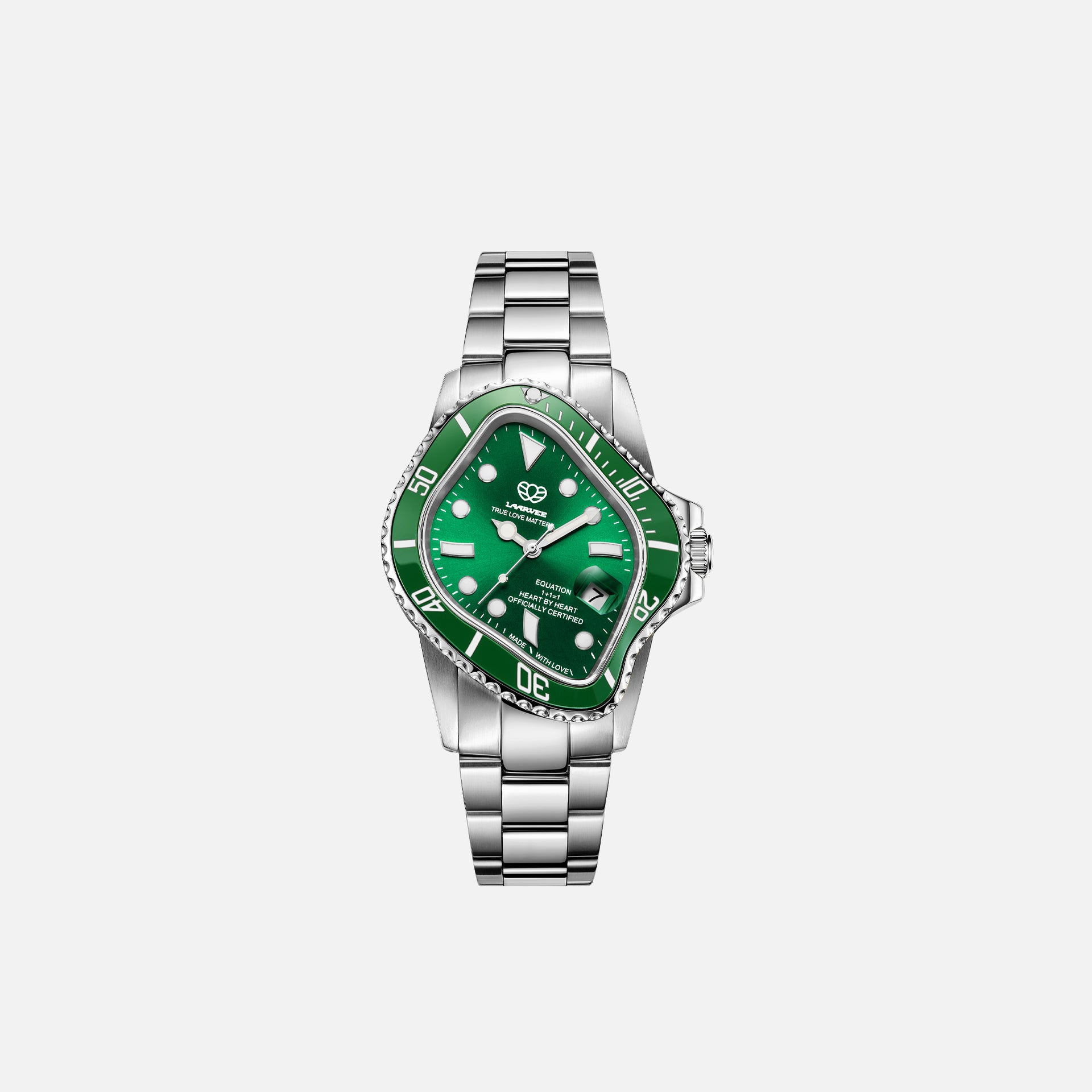 LAARVEE Precision Steel watch, front, warped square case, green sunburst dial, green bezel, steel bracelet
