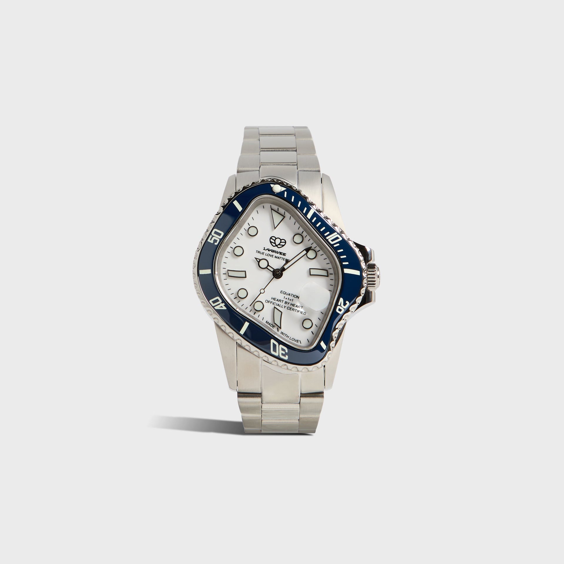 LAARVEE Precision Steel watch, straight-on front, white dial, navy ceramic bezel, distorted case