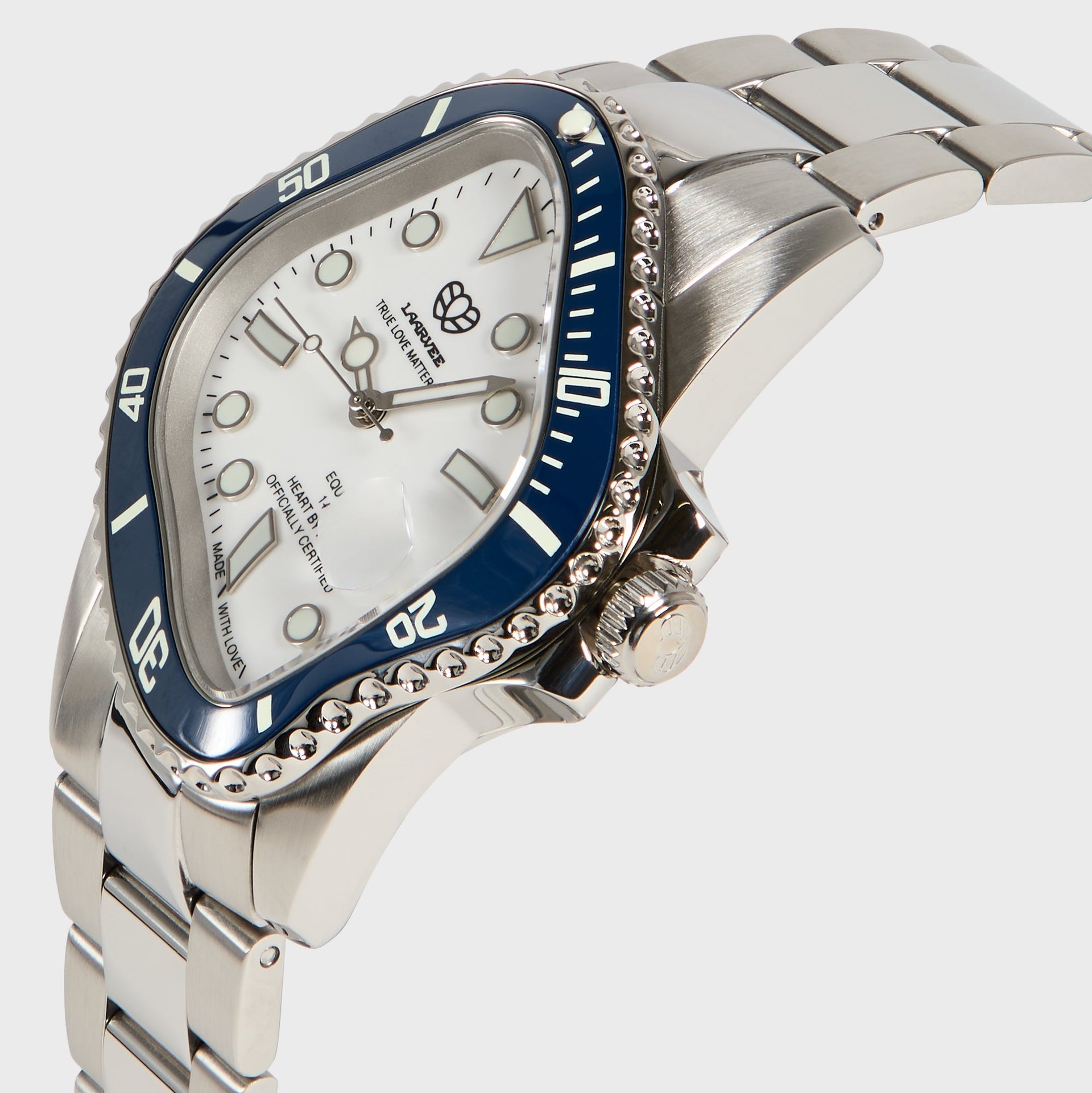 LAARVEE Precision Steel watch, three-quarter close-up, white dial, navy bezel, steel crown