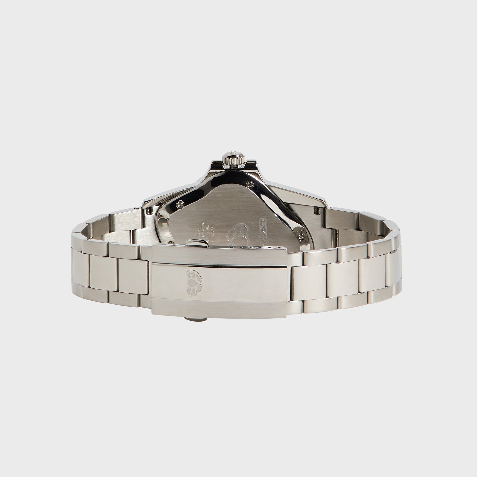 LAARVEE Precision Steel watch, back, steel caseback and steel bracelet clasp with heart logo