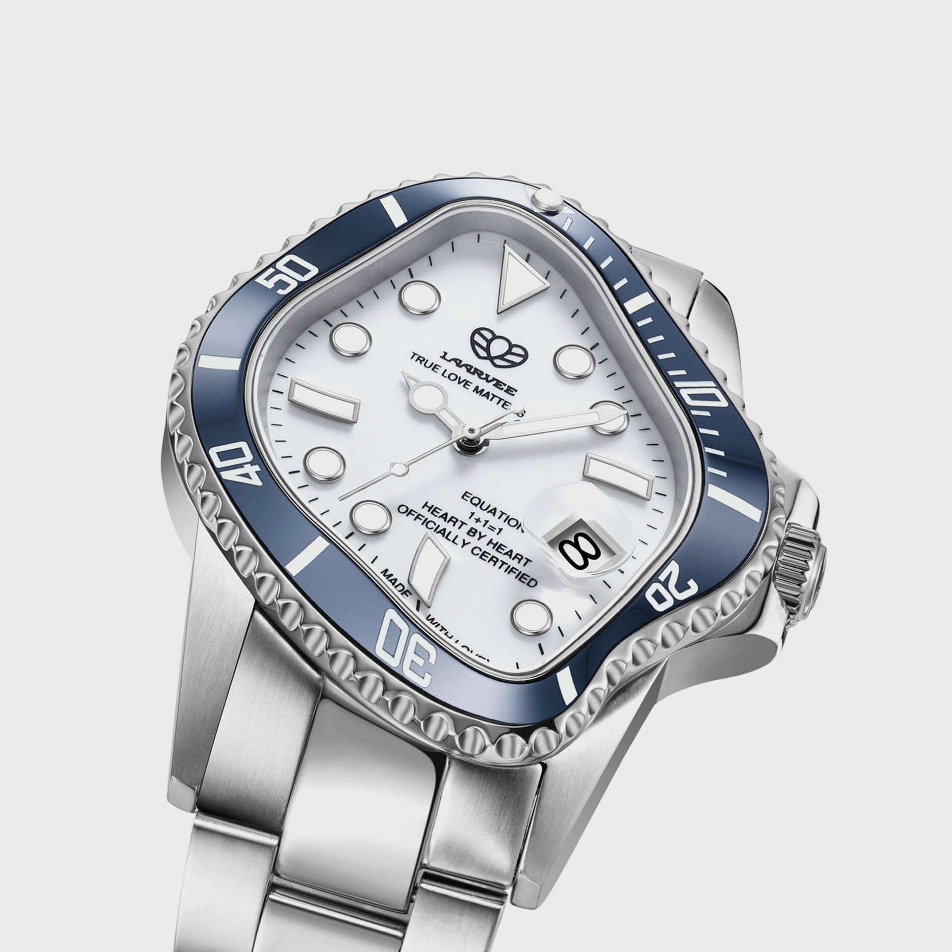LAARVEE Precision Steel watch, angled close-up, white dial, navy bezel, steel crown, date window