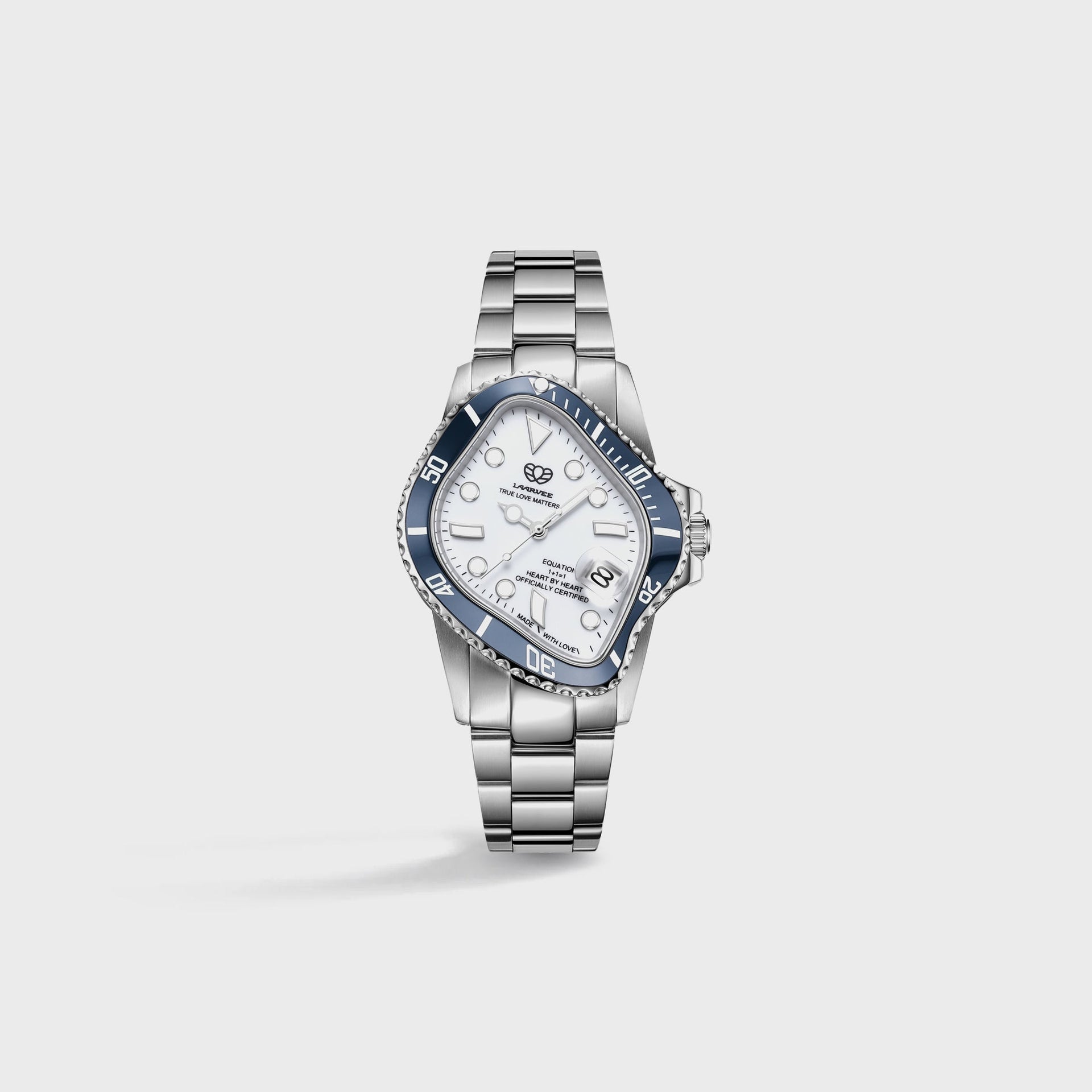 LAARVEE Precision Steel watch, front, warped case, white dial, navy blue ceramic bezel, steel bracelet