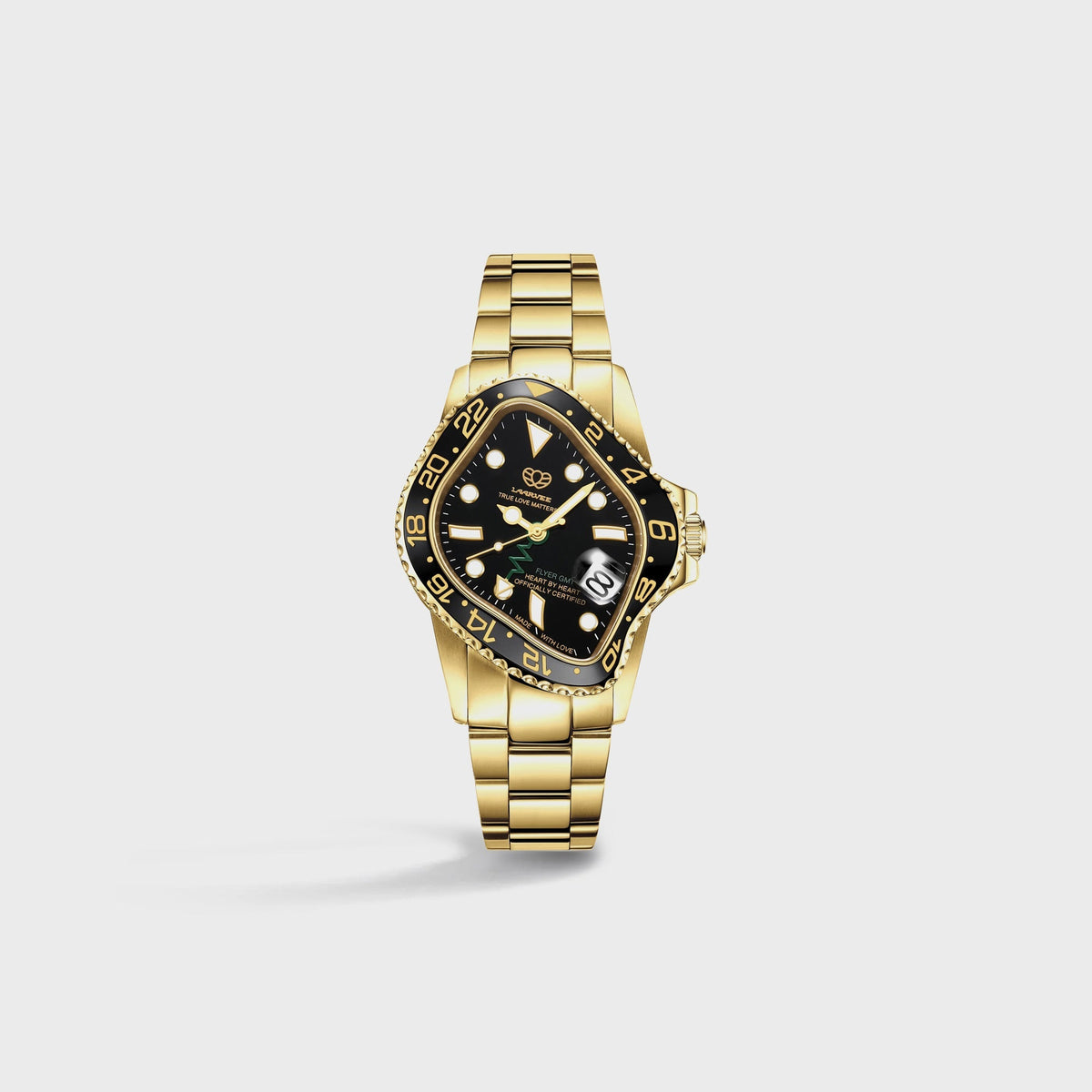 LAARVEE Golden Precision Steel watch with black ceramic bezel and black dial, small side view