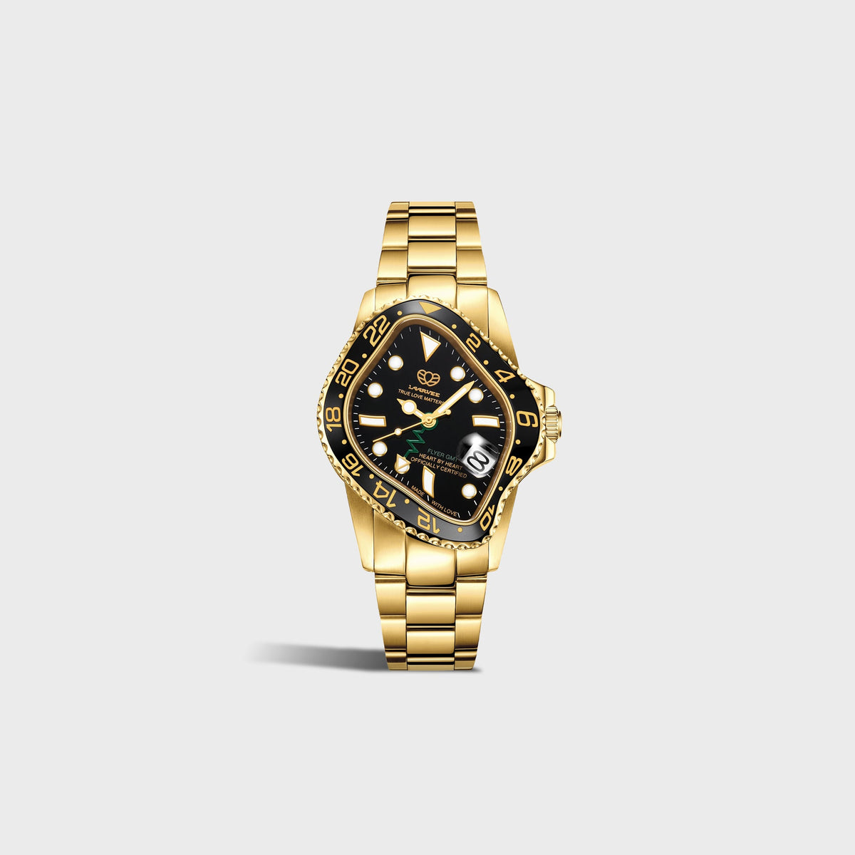 LAARVEE Golden Precision Steel watch with black ceramic bezel and black dial, alternate small side view