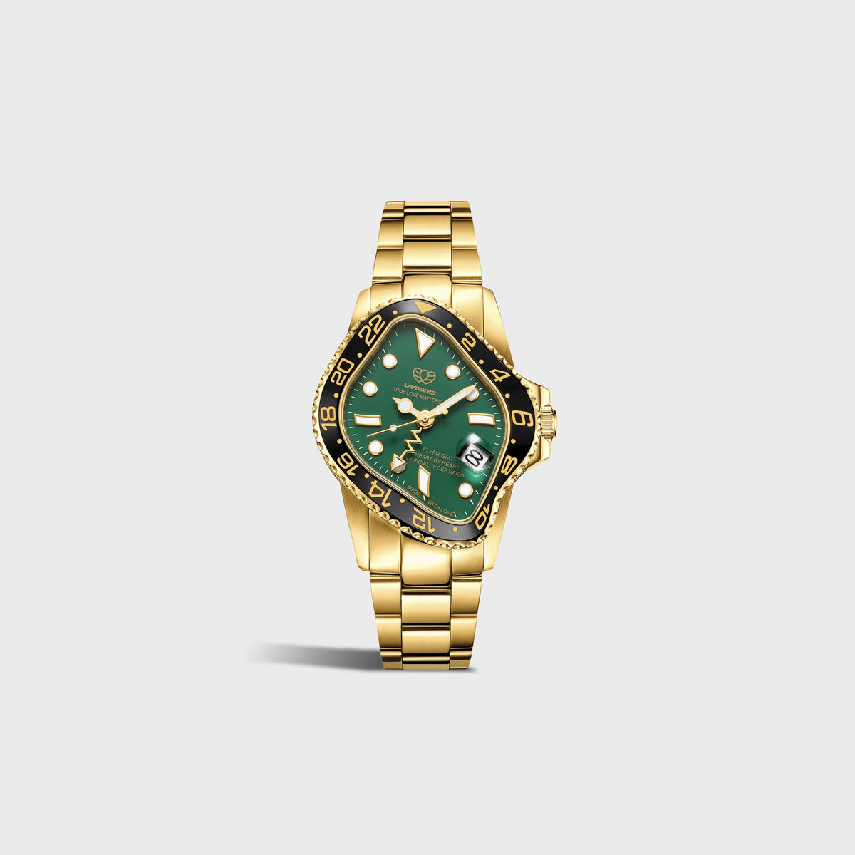 LAARVEE Golden Precision Steel watch with black ceramic bezel and green dial, alternate small side view