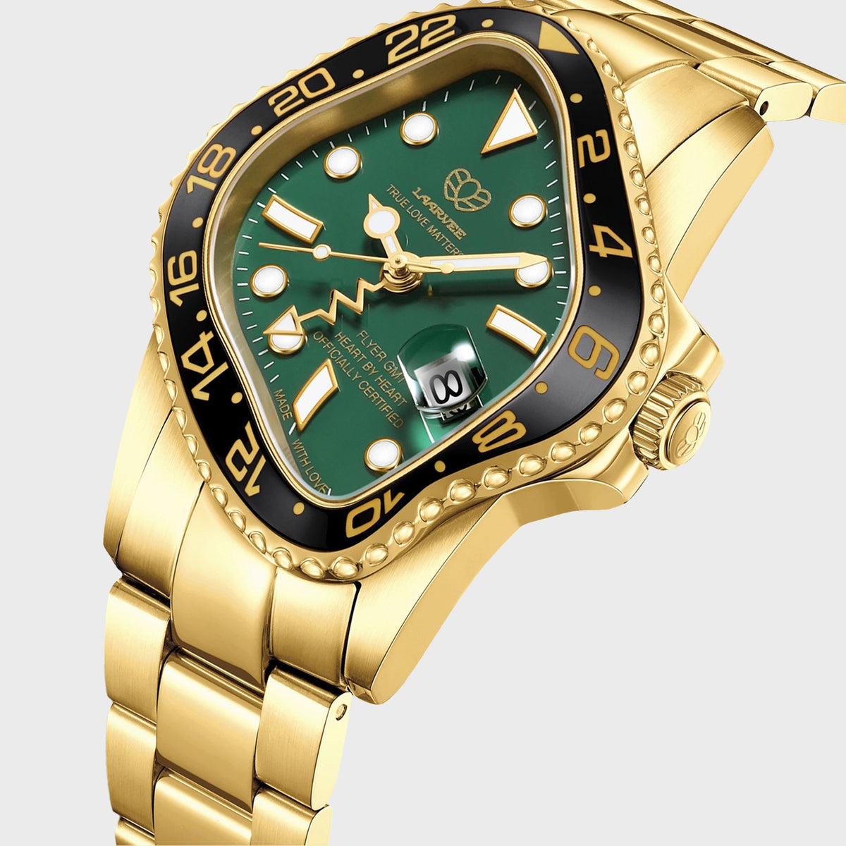 LAARVEE Golden Precision Steel watch with black ceramic bezel and green dial, alternate close-up angled dial view
