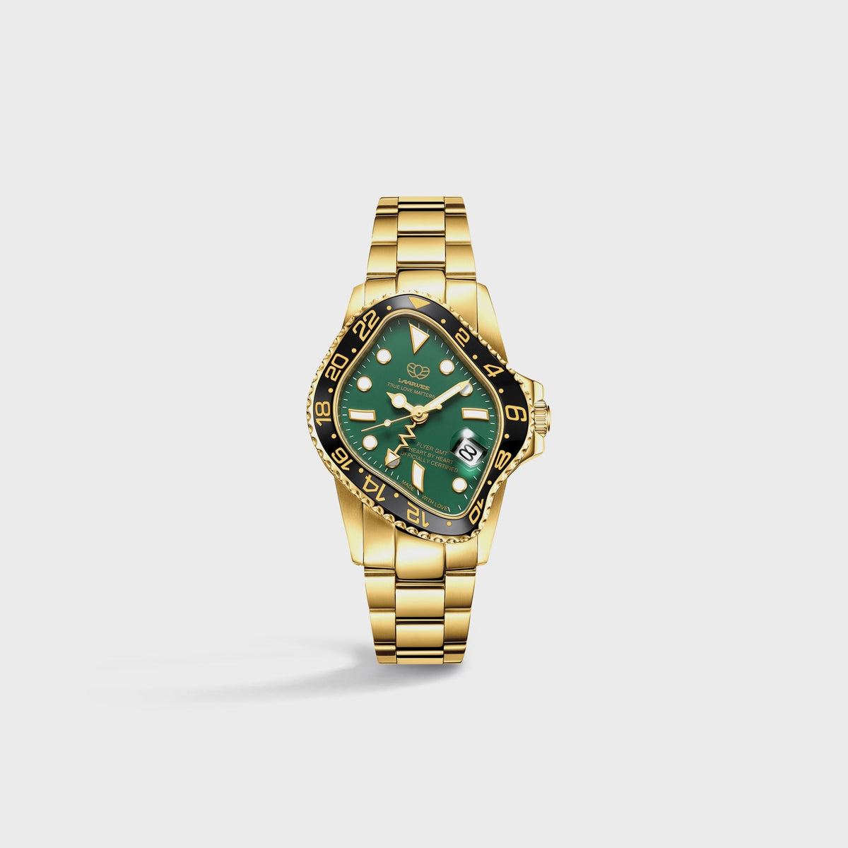 LAARVEE Golden Precision Steel watch with black ceramic bezel and green dial, small side view