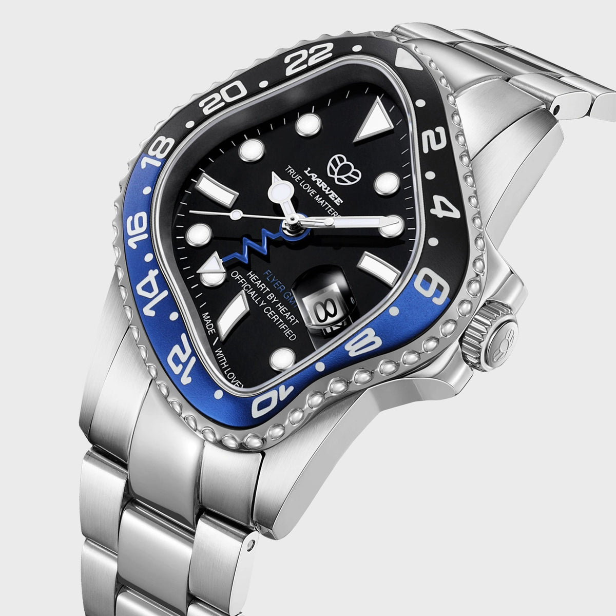 LAARVEE Silver Precision Steel watch with black and blue GMT bezel and black dial, close-up front-angled view