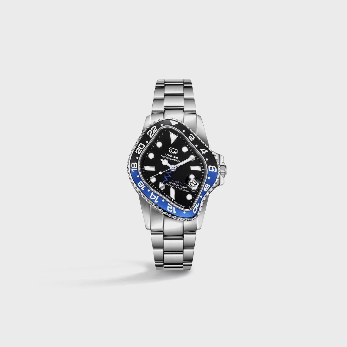 LAARVEE Silver Precision Steel watch with black and blue GMT bezel and black dial, small side view