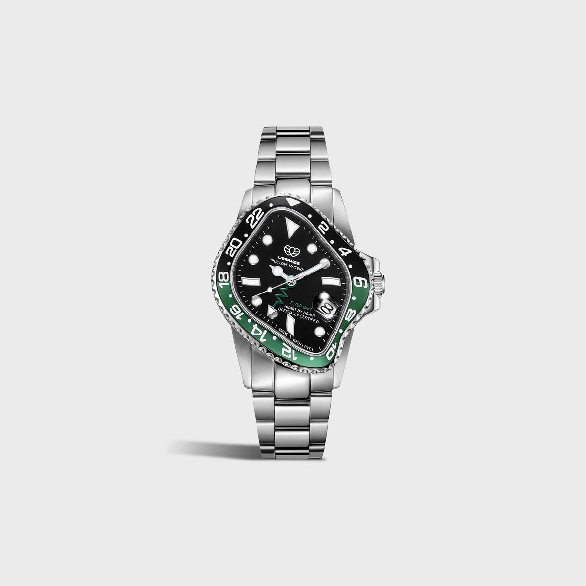LAARVEE Silver Precision Steel watch with black and green GMT bezel and black dial, alternate small side view