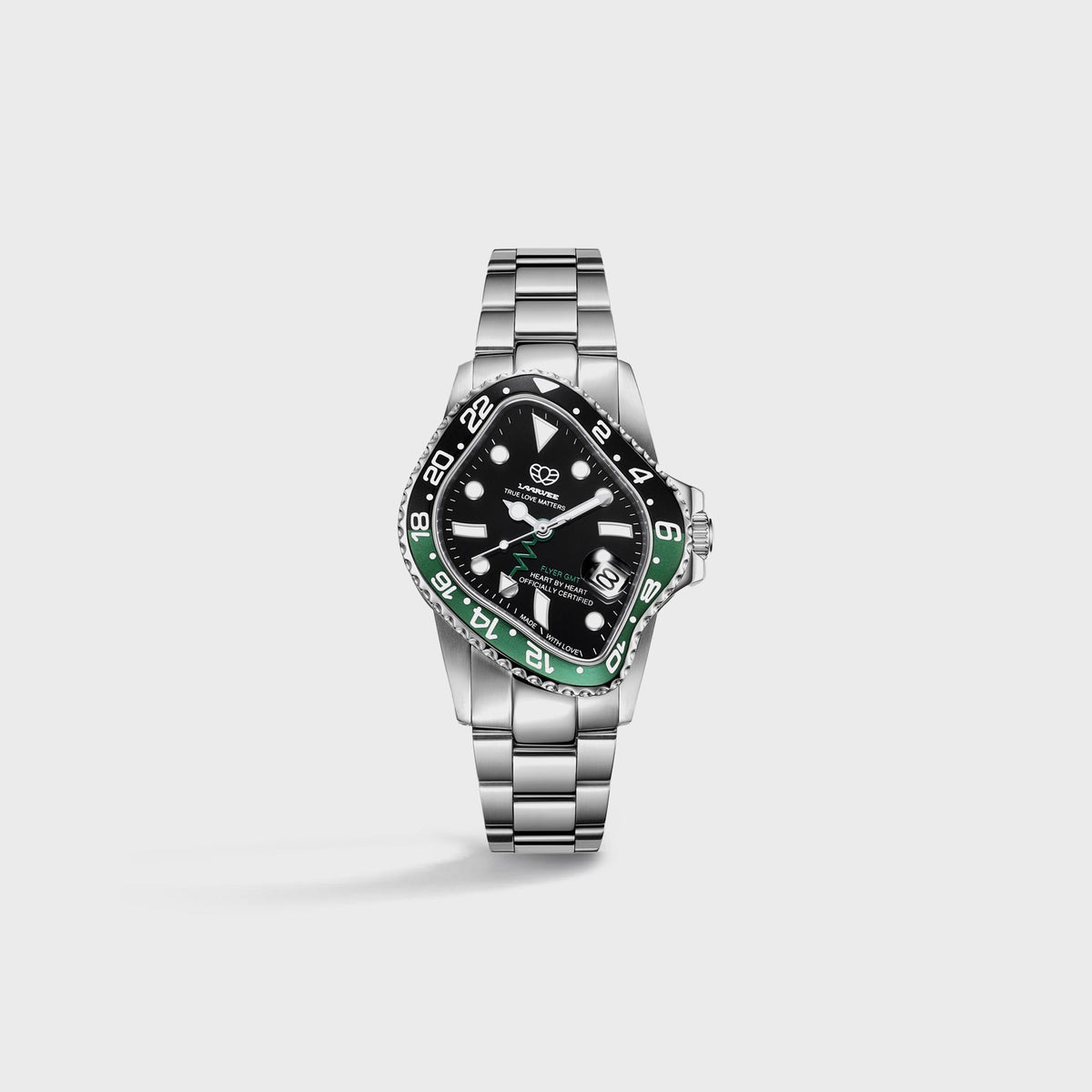 LAARVEE Silver Precision Steel watch with black and green GMT bezel and black dial, small side view
