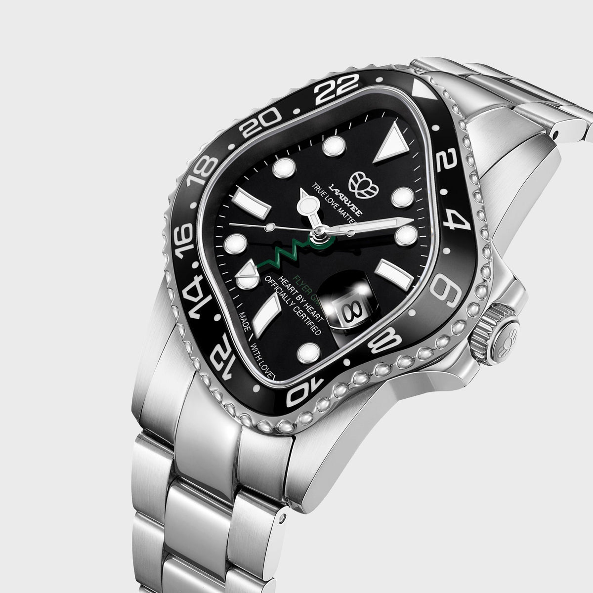 LAARVEE Silver Precision Steel watch with black bezel and black dial, alternate close-up angled dial view