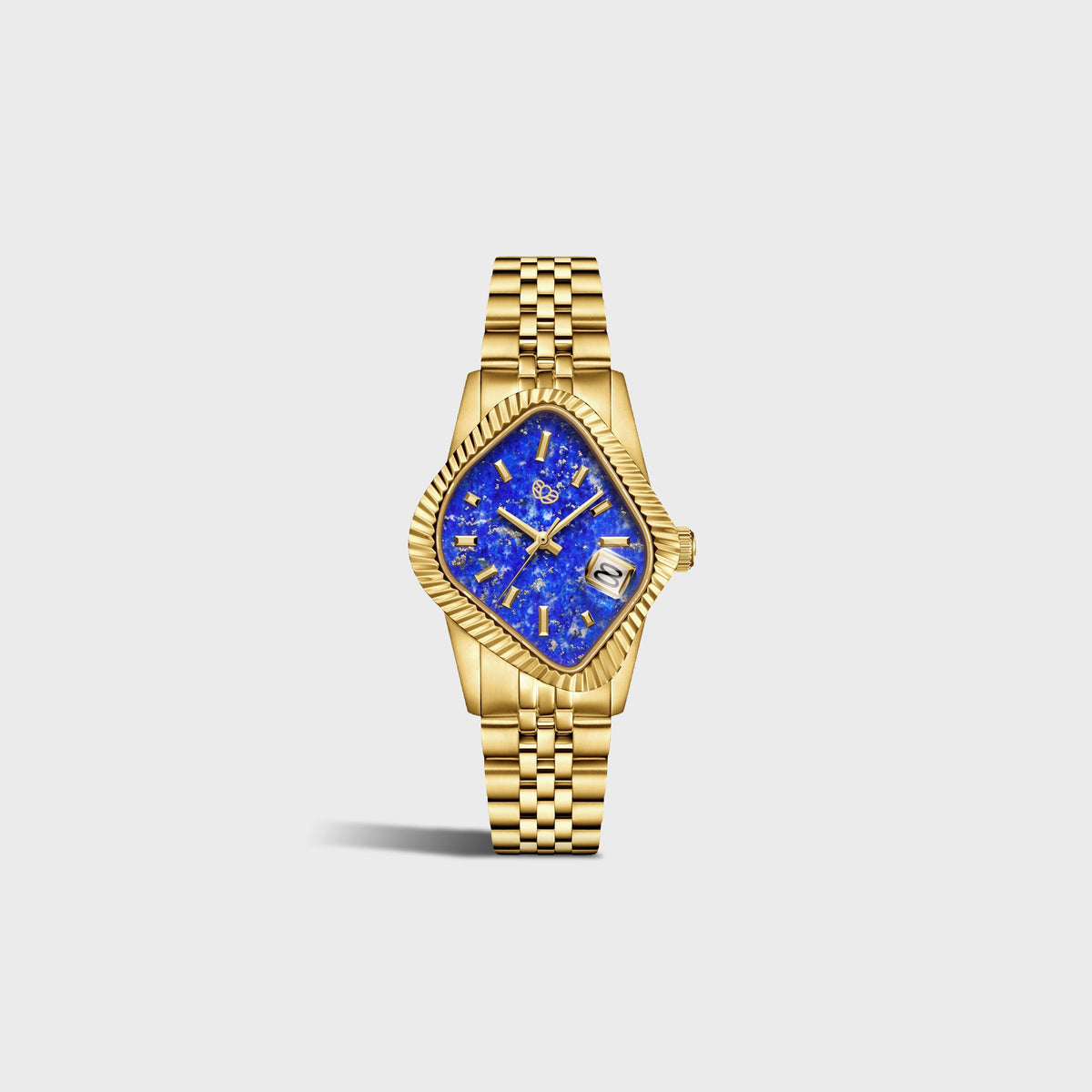 LAARVEE Golden Precision Steel watch with fluted bezel and lapis lazuli blue dial, full bracelet angled view