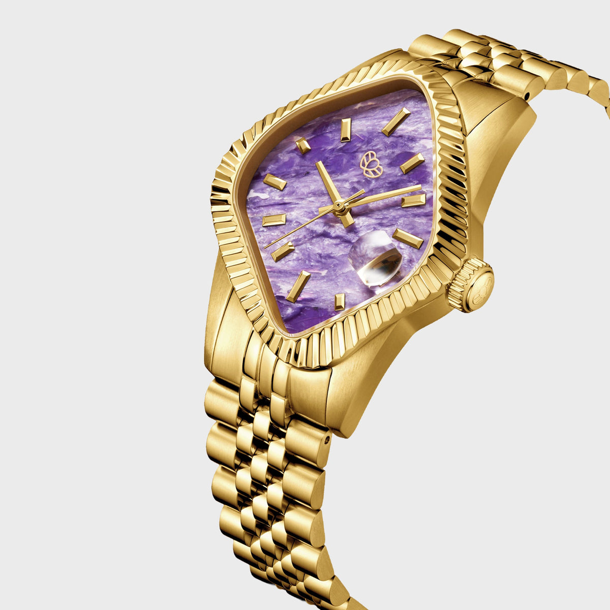 LAARVEE Golden Precision Steel watch with fluted bezel and purple charoite dial, close-up angled dial view