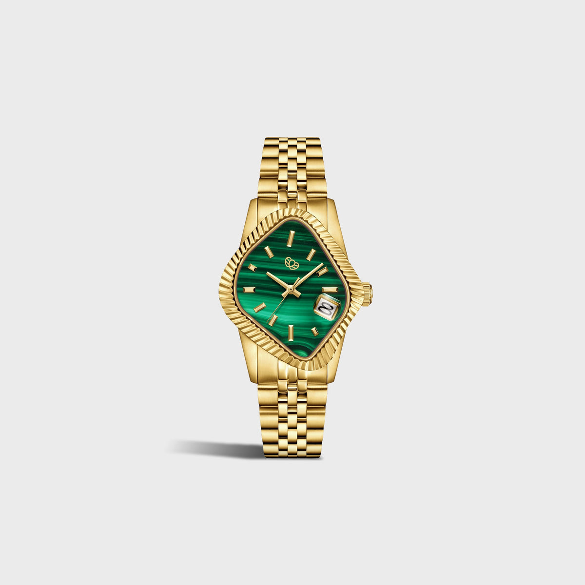 LAARVEE Golden Precision Steel watch with fluted bezel and green malachite dial, full bracelet angled view